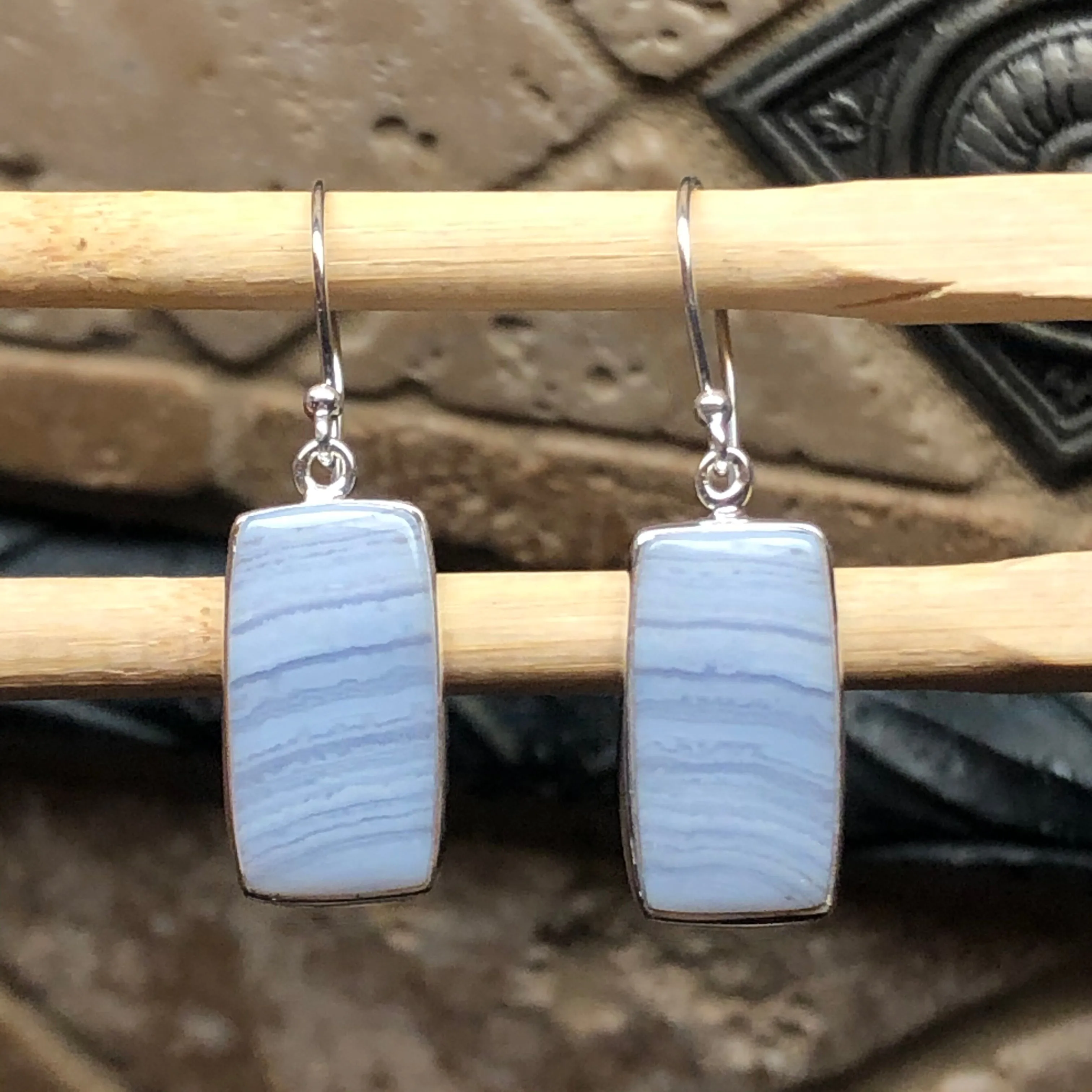 Natural Blue Lace Agate 925 Sterling Silver Earrings 35mm