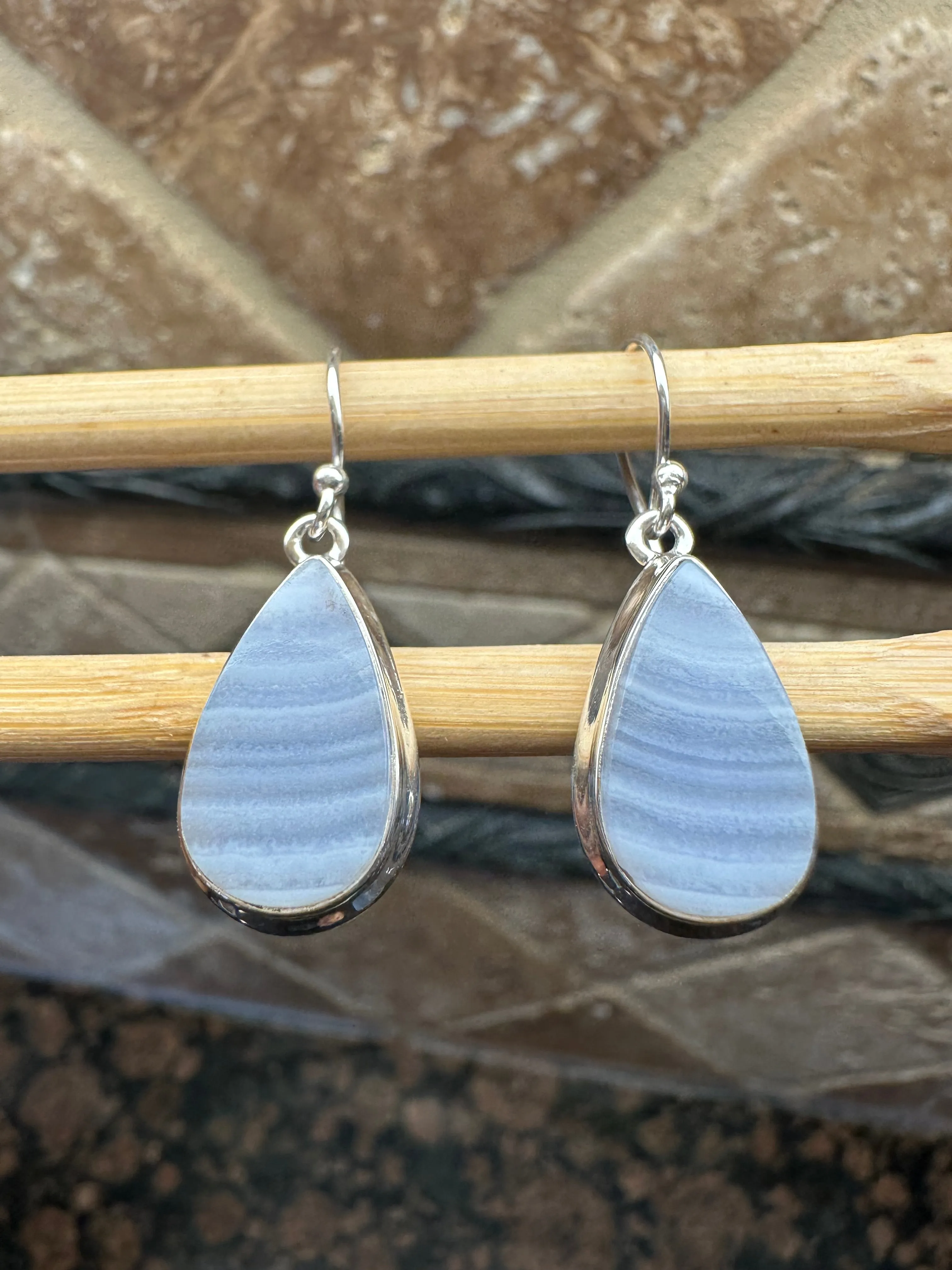 Natural Blue Lace Agate 925 Sterling Silver Earrings 35mm