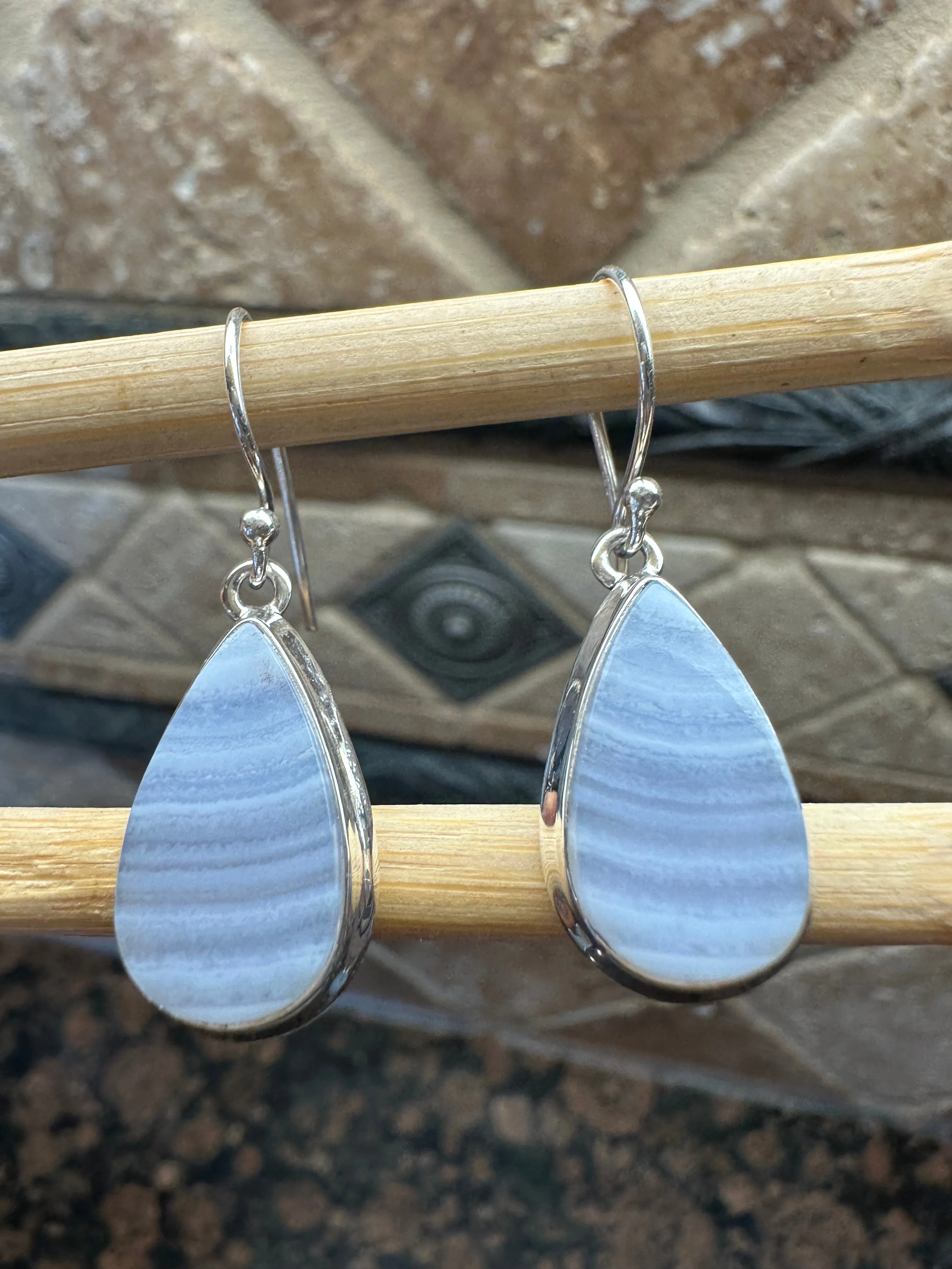 Natural Blue Lace Agate 925 Sterling Silver Earrings 35mm