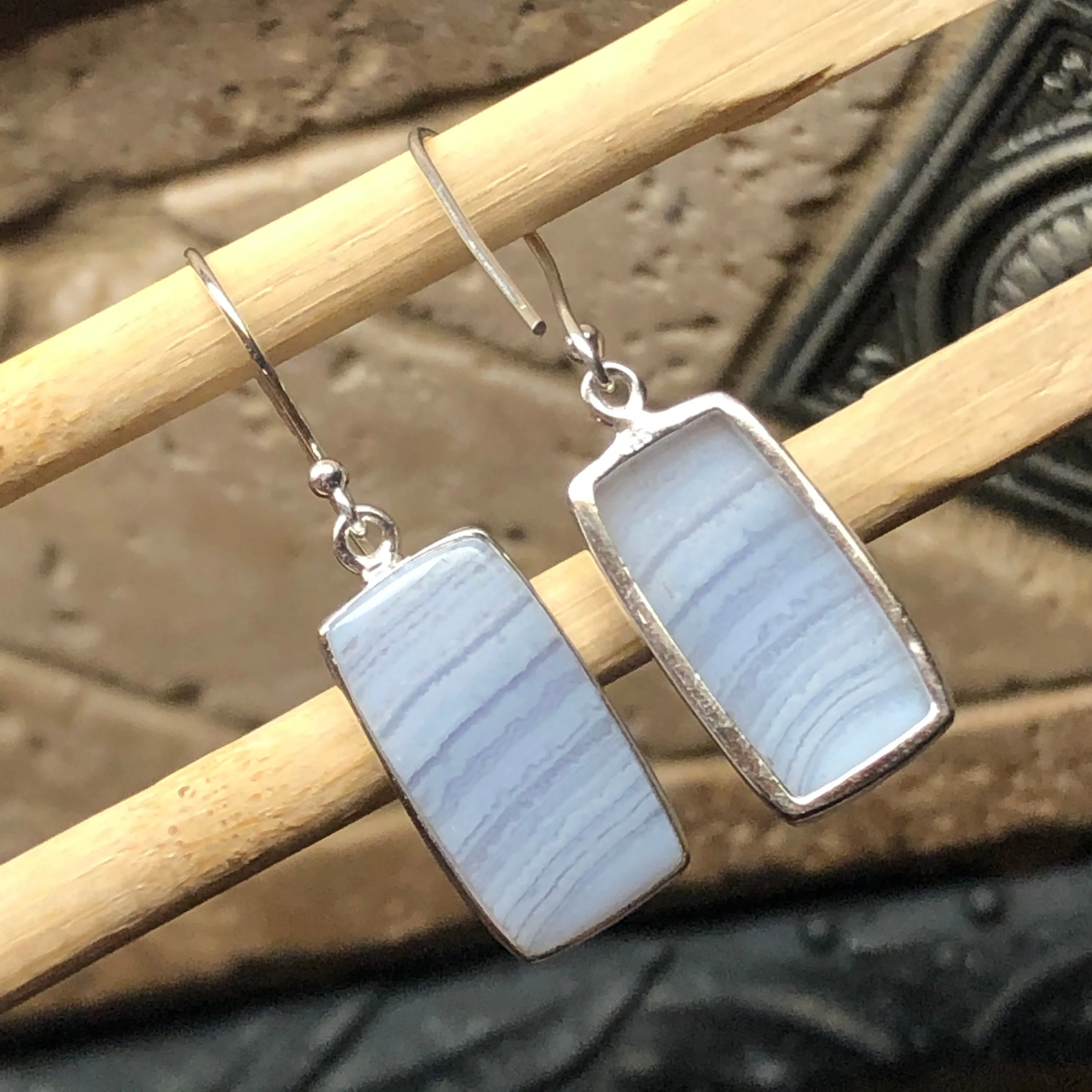 Natural Blue Lace Agate 925 Sterling Silver Earrings 35mm