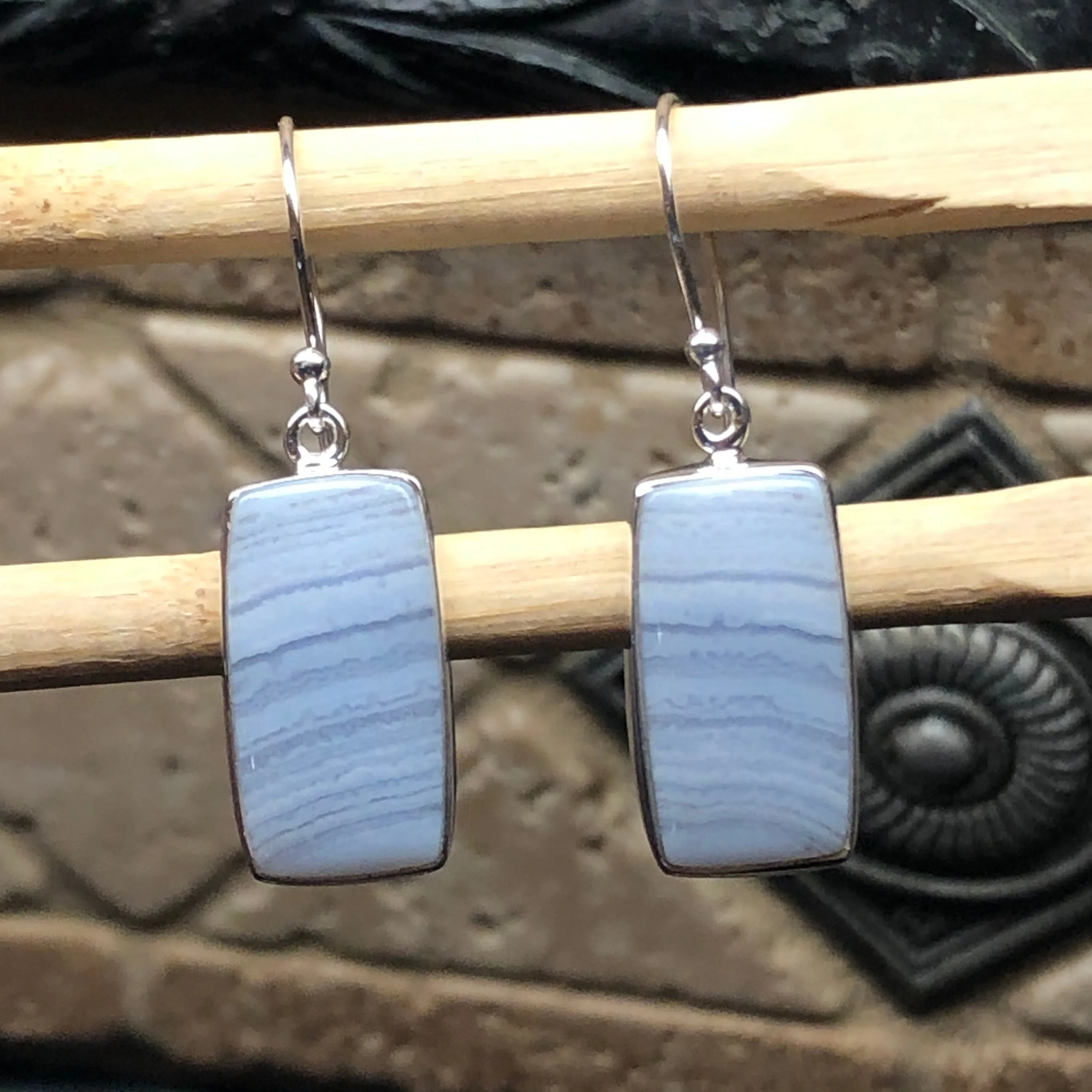 Natural Blue Lace Agate 925 Sterling Silver Earrings 35mm