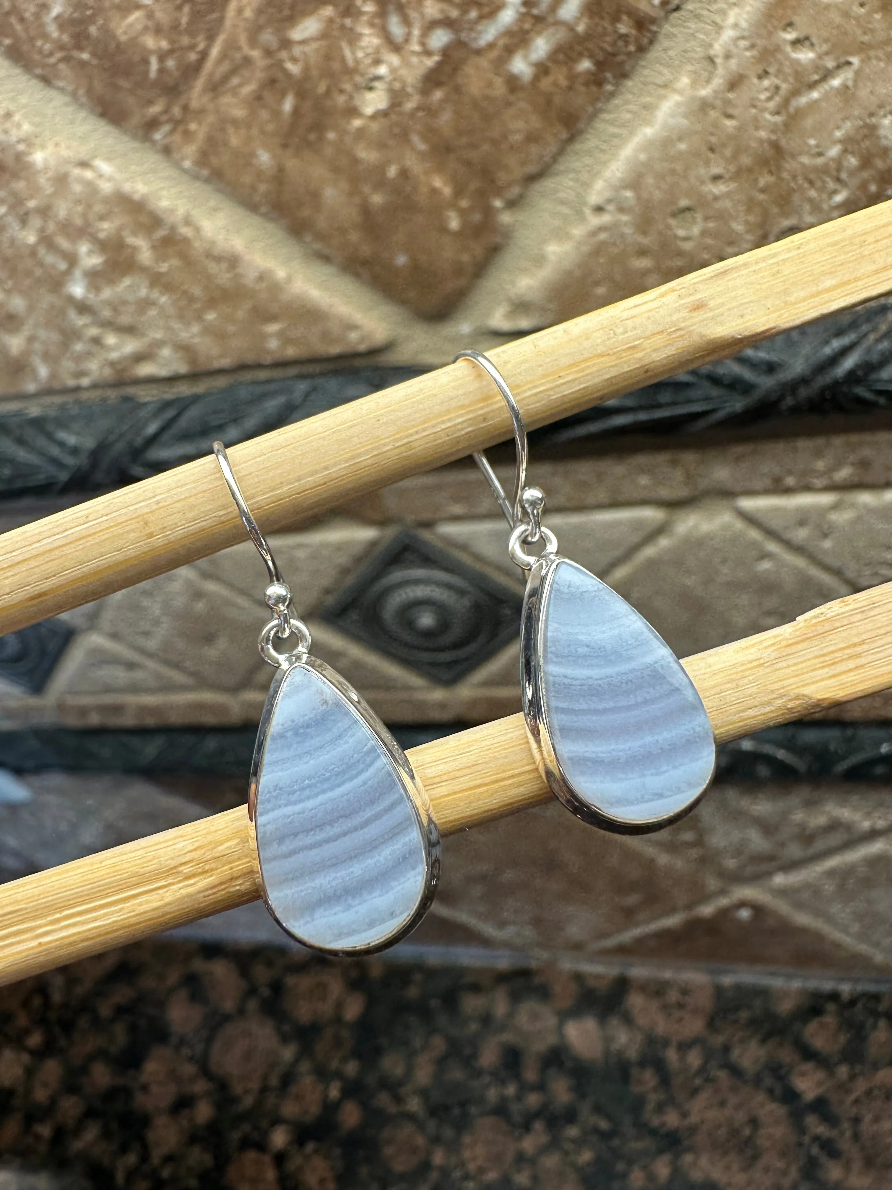 Natural Blue Lace Agate 925 Sterling Silver Earrings 35mm