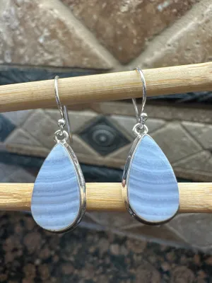 Natural Blue Lace Agate 925 Sterling Silver Earrings 35mm