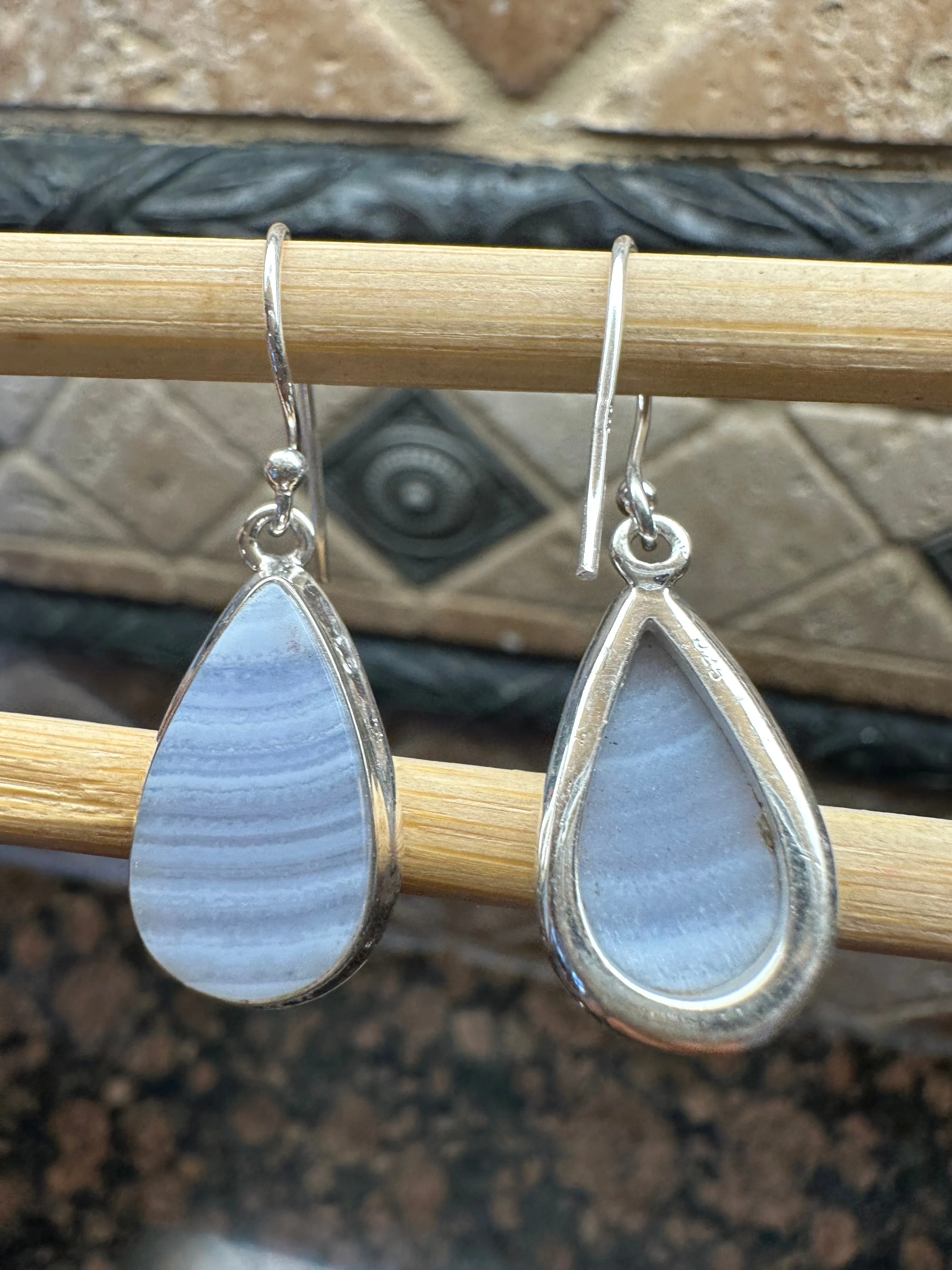 Natural Blue Lace Agate 925 Sterling Silver Earrings 35mm