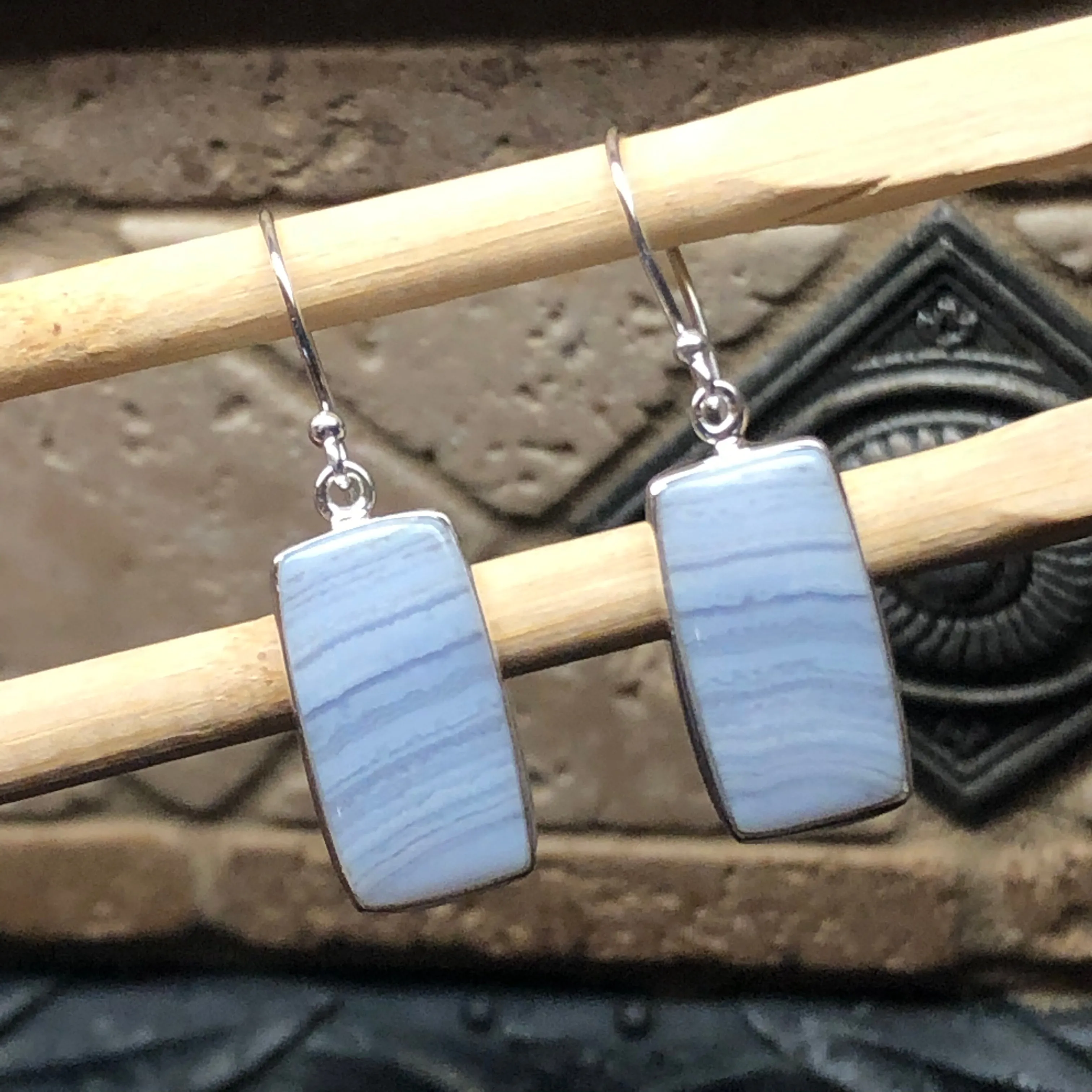 Natural Blue Lace Agate 925 Sterling Silver Earrings 35mm