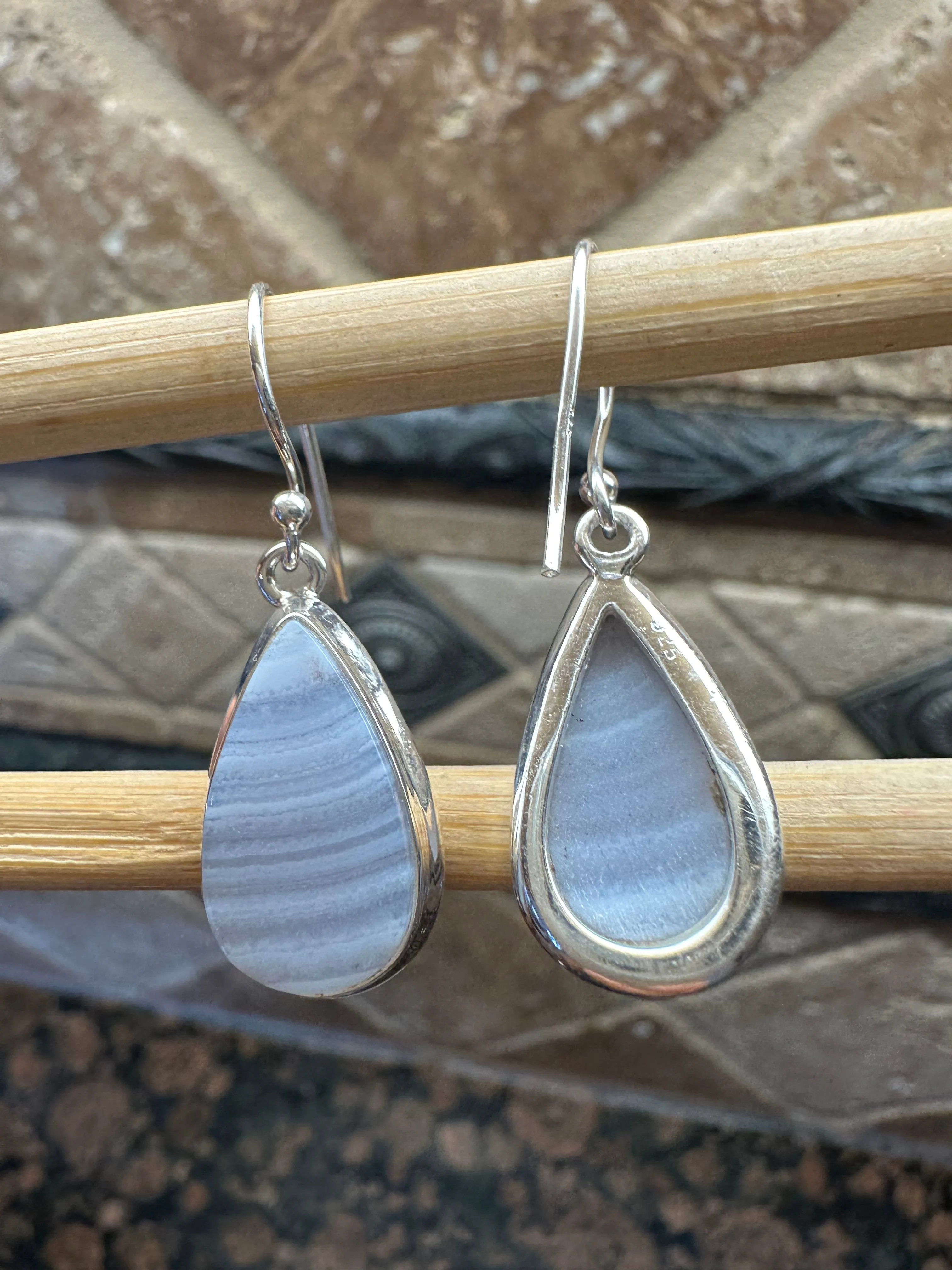 Natural Blue Lace Agate 925 Sterling Silver Earrings 35mm