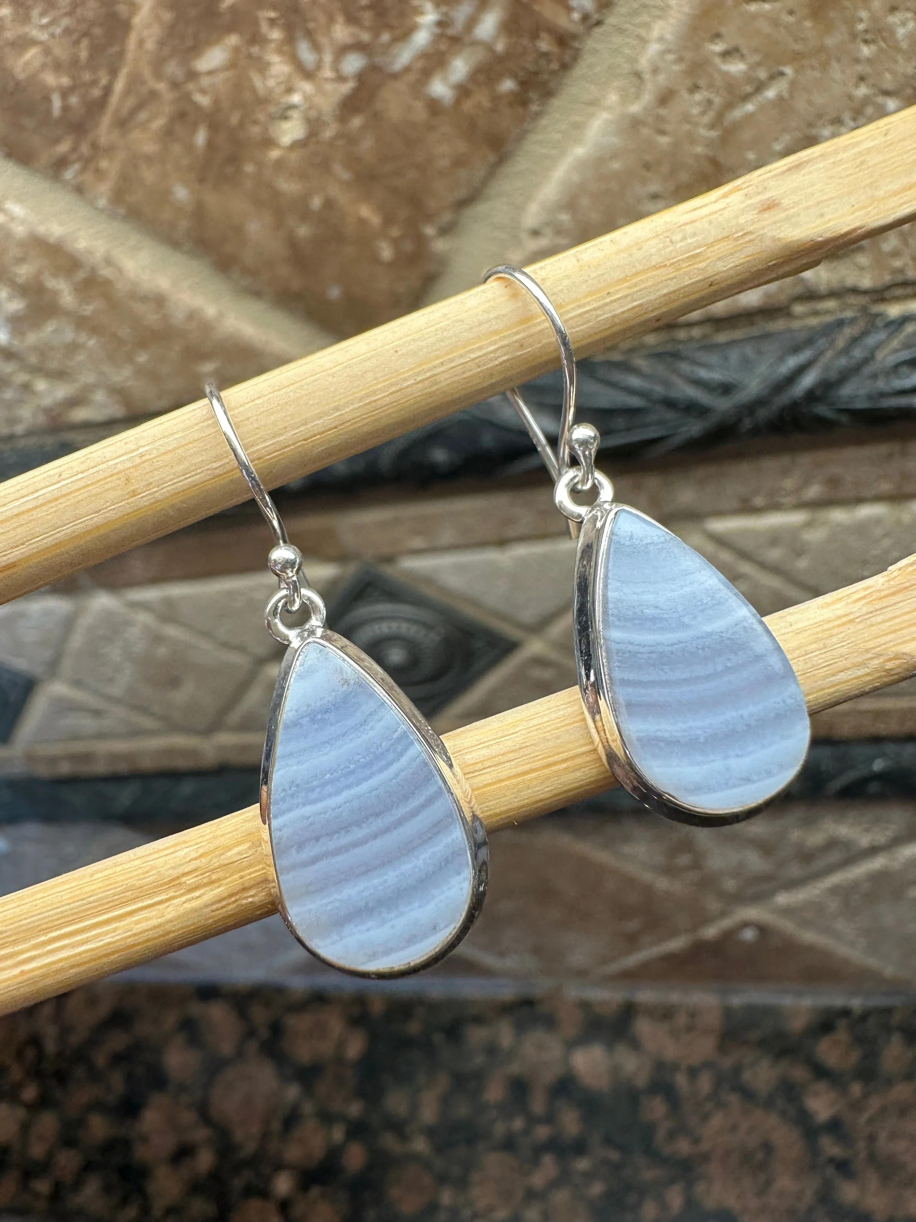 Natural Blue Lace Agate 925 Sterling Silver Earrings 35mm