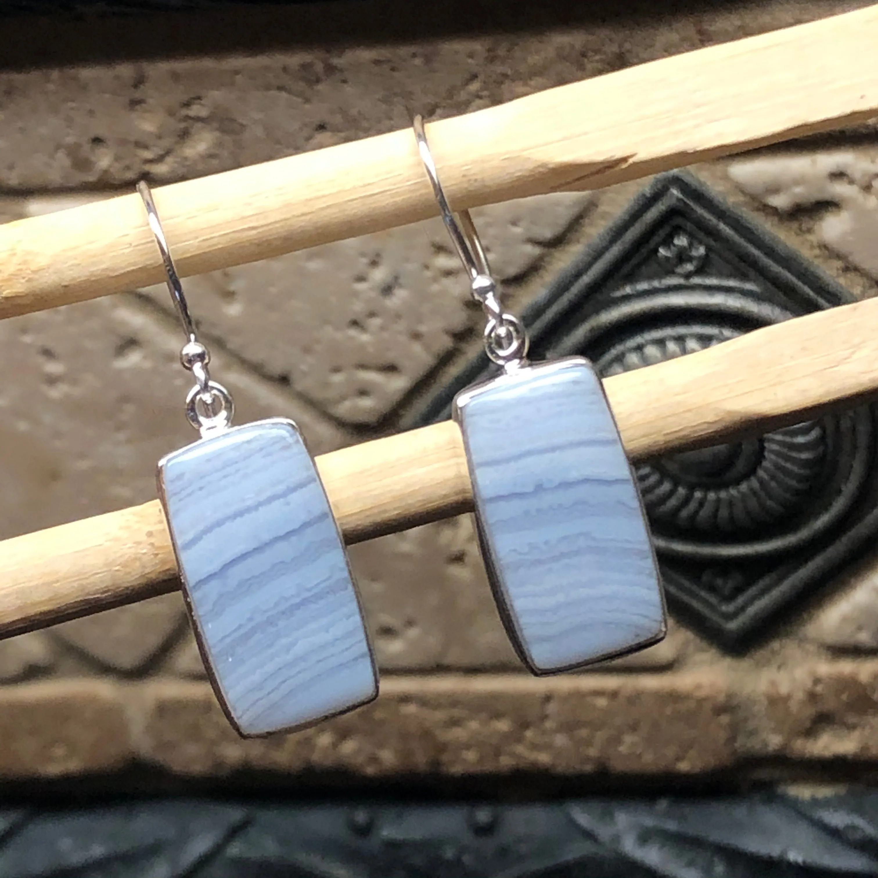 Natural Blue Lace Agate 925 Sterling Silver Earrings 35mm
