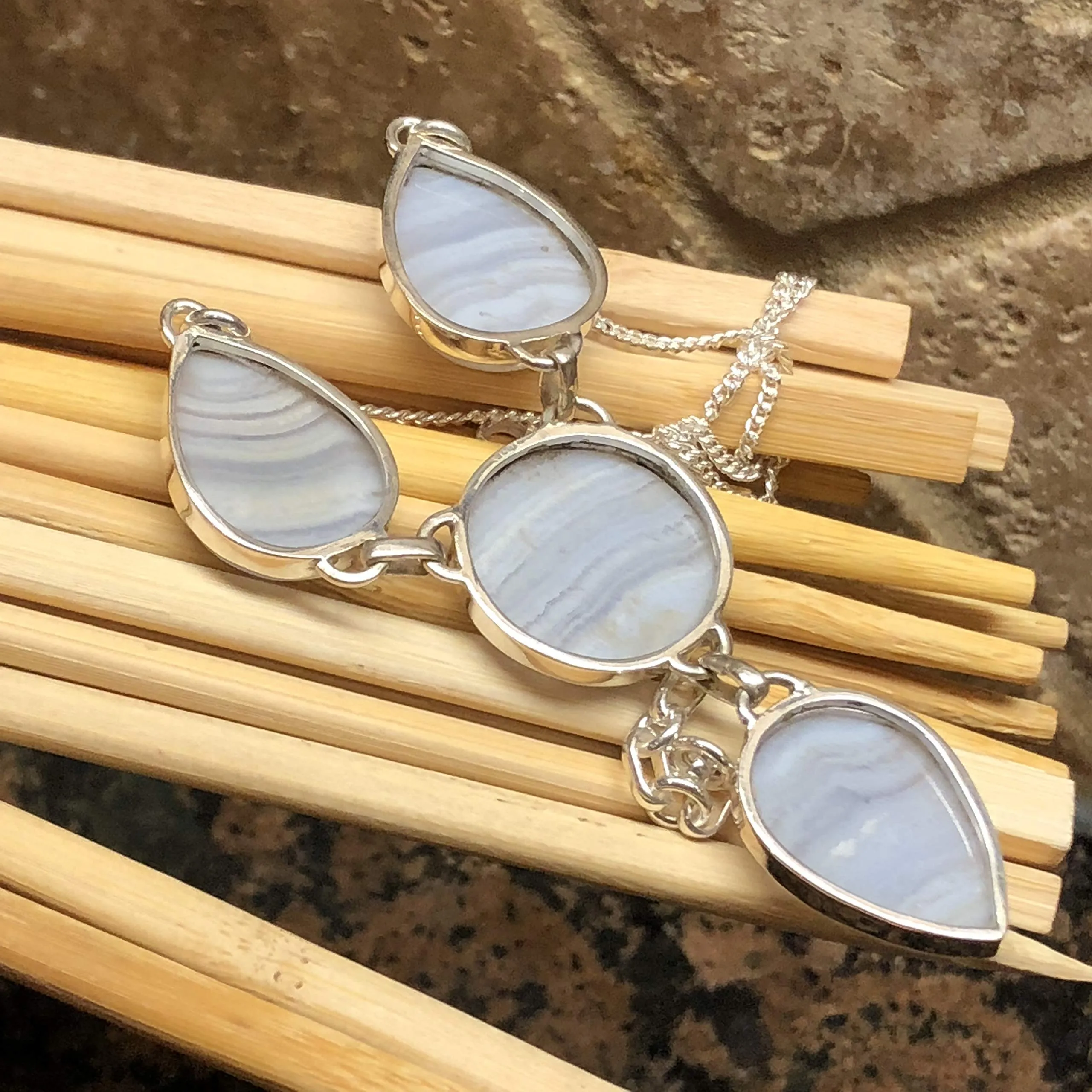 Natural Blue Lace Agate 925 Sterling Silver Necklace 17 1/2"