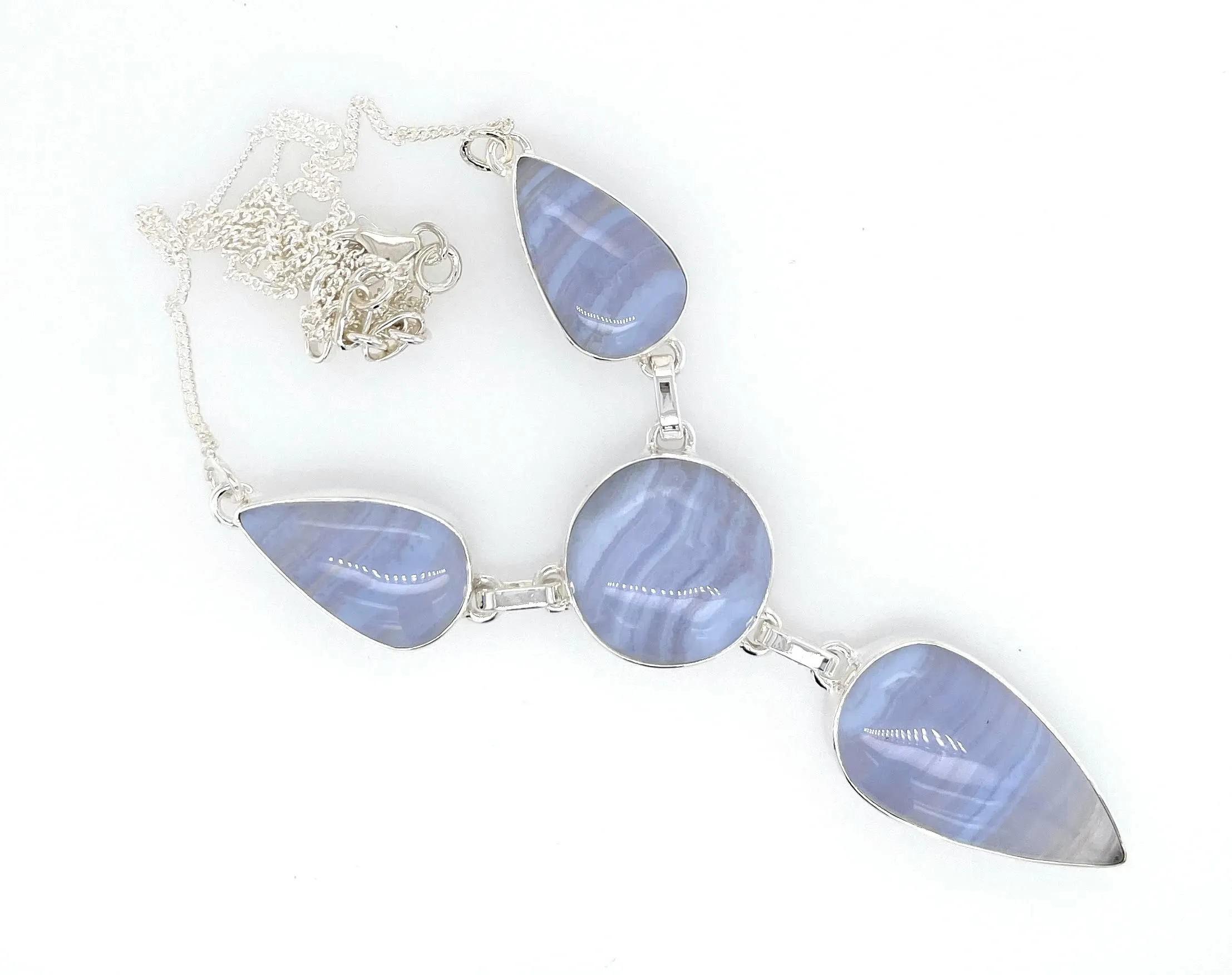 Natural Blue Lace Agate 925 Sterling Silver Necklace 17 1/2"