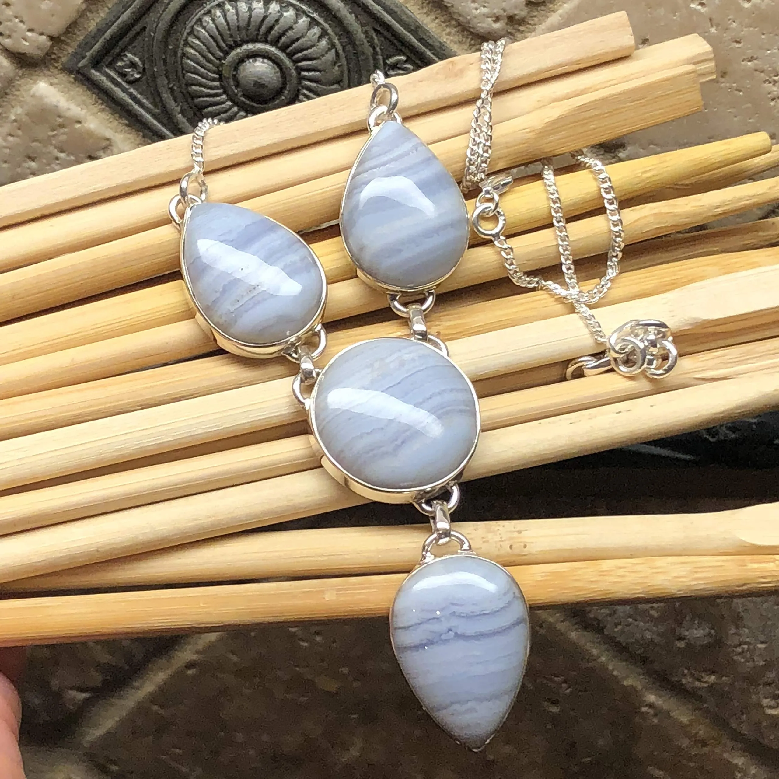 Natural Blue Lace Agate 925 Sterling Silver Necklace 17 1/2"
