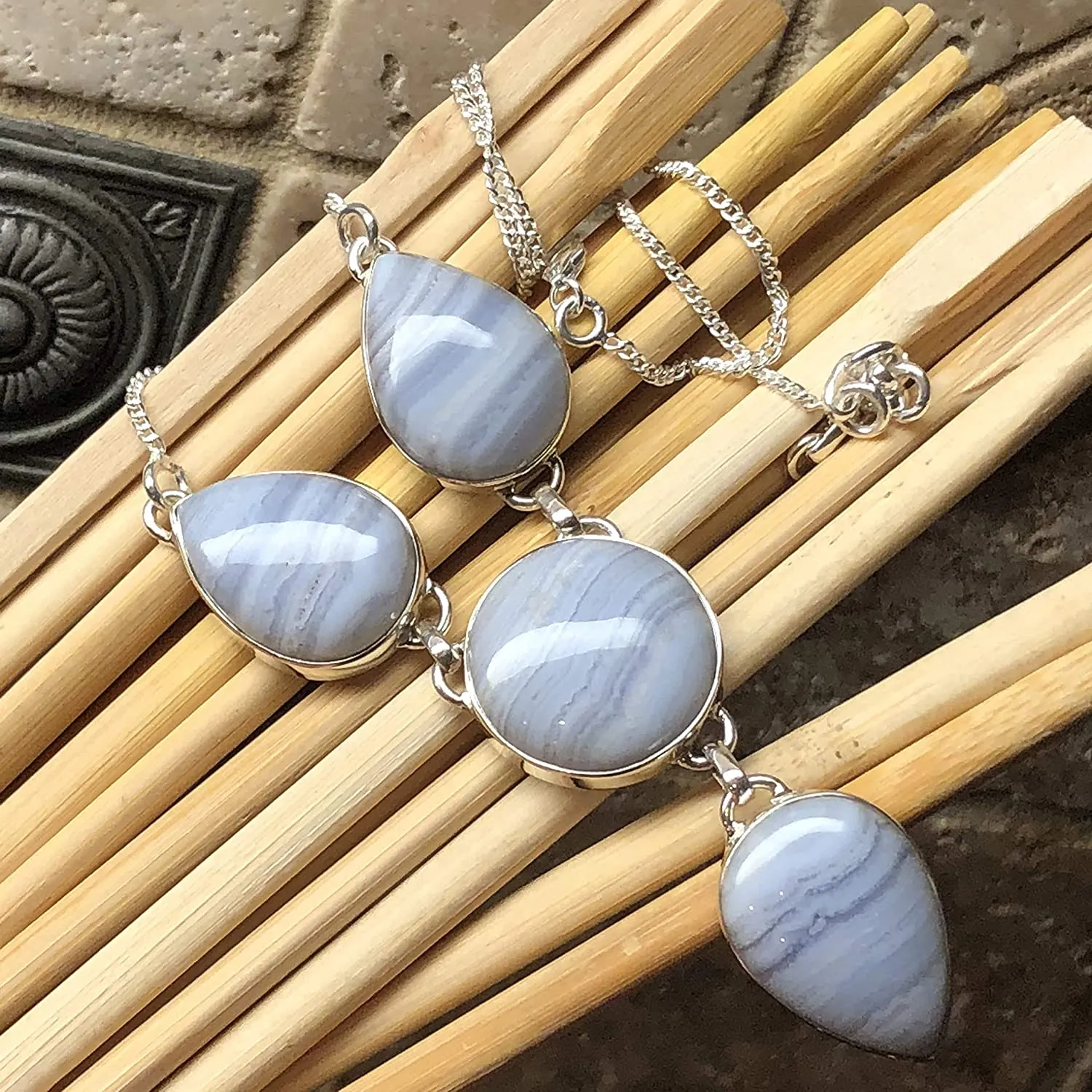 Natural Blue Lace Agate 925 Sterling Silver Necklace 17 1/2"