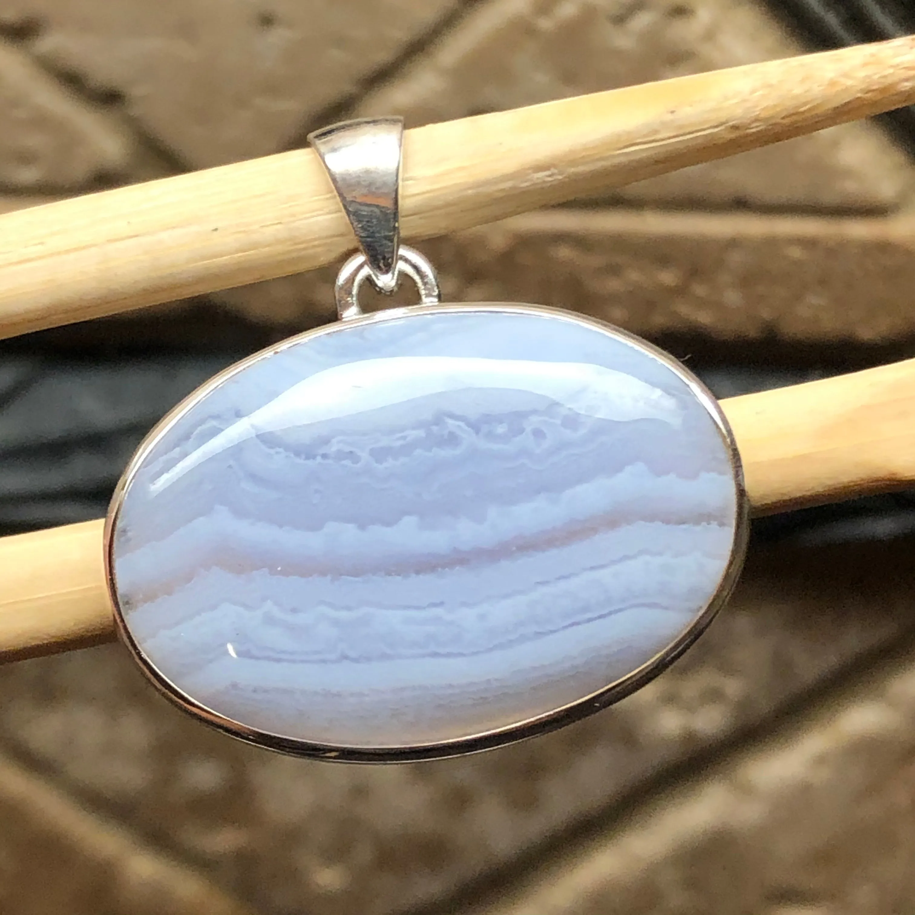 Natural Blue Lace Agate 925 Sterling Silver Pendant 30mm