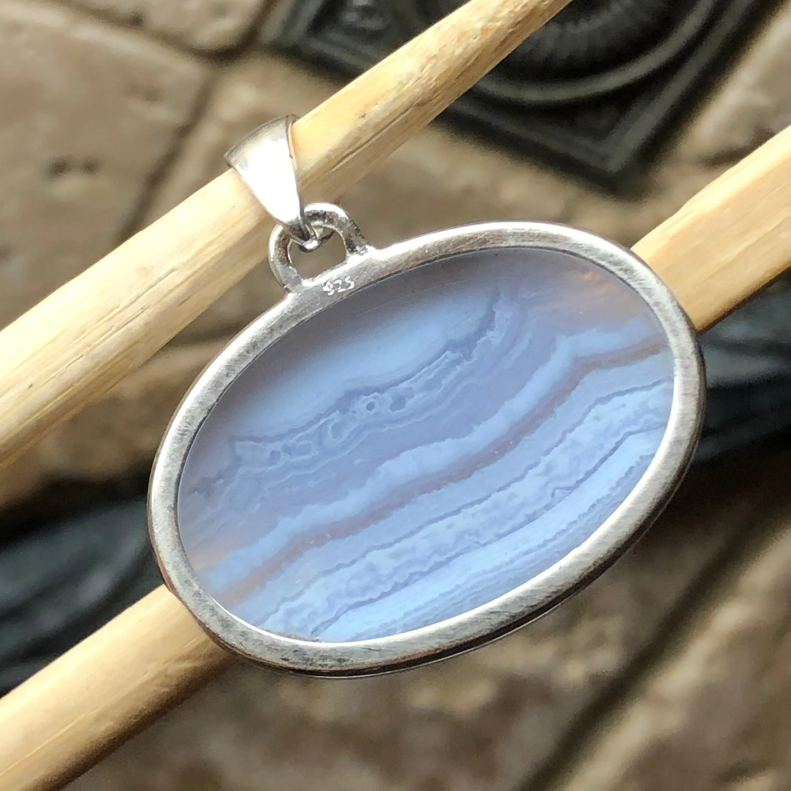 Natural Blue Lace Agate 925 Sterling Silver Pendant 30mm