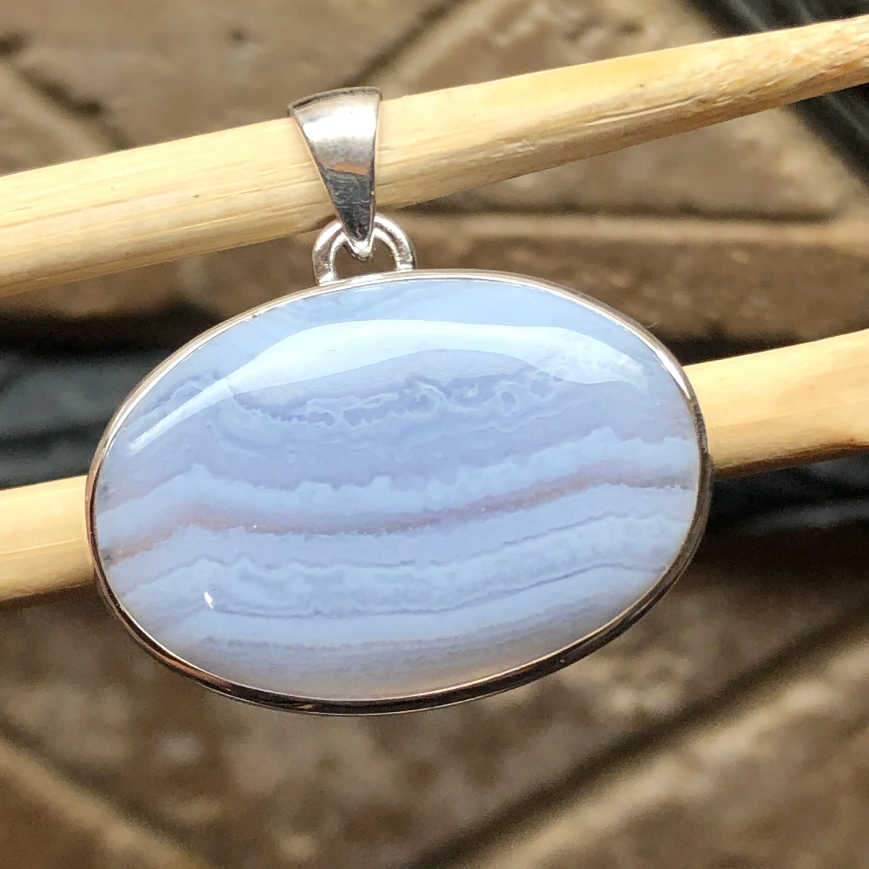 Natural Blue Lace Agate 925 Sterling Silver Pendant 30mm