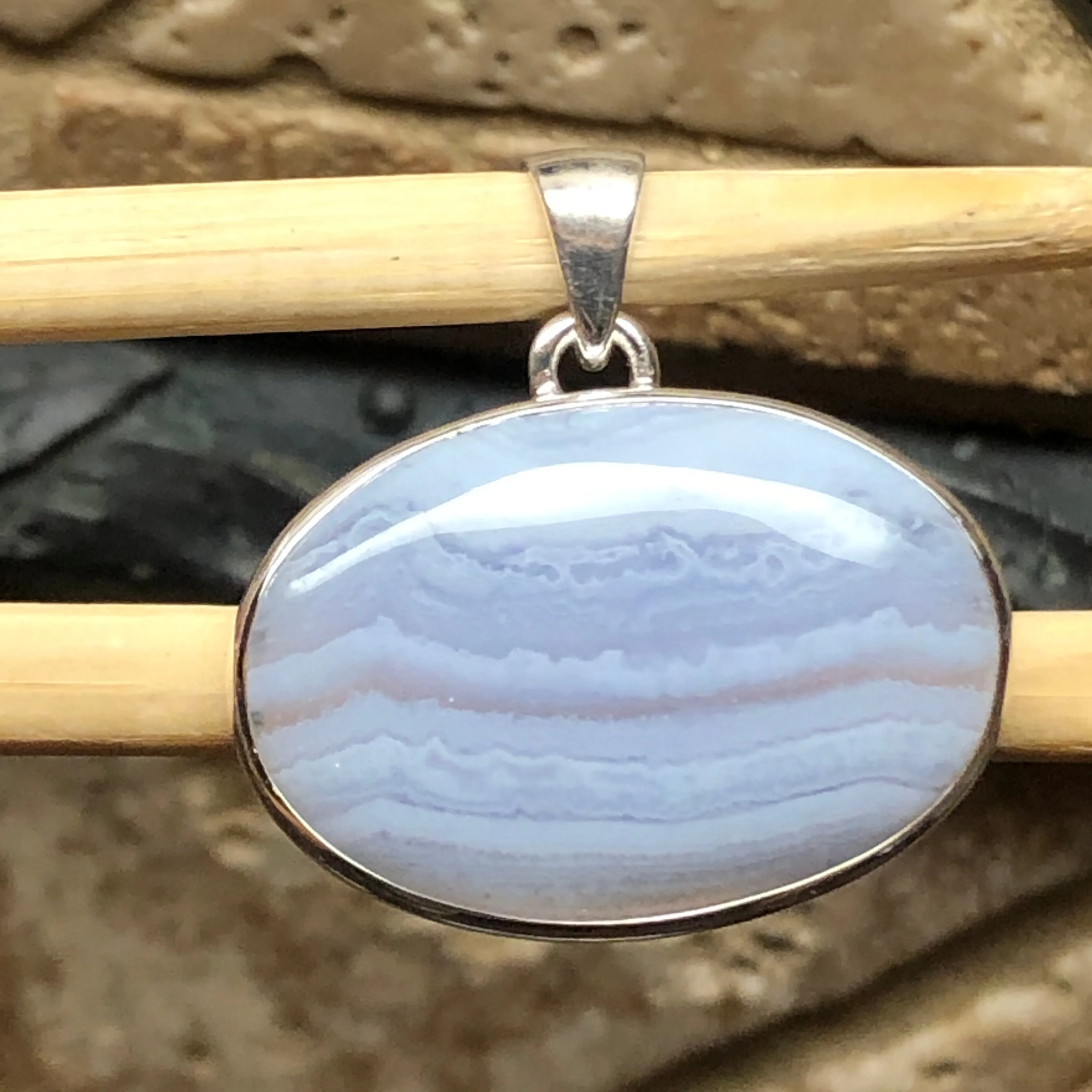 Natural Blue Lace Agate 925 Sterling Silver Pendant 30mm
