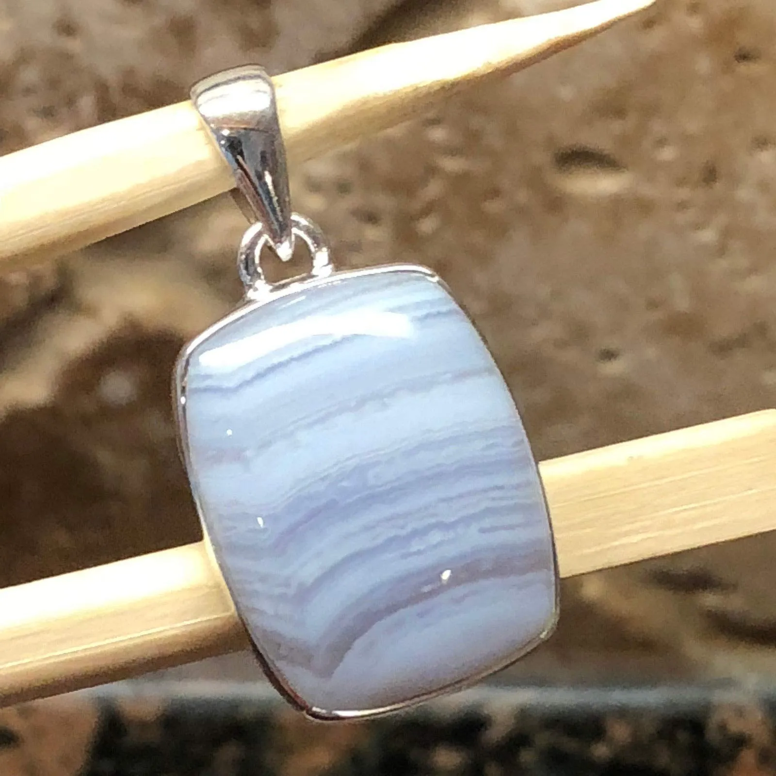 Natural Blue Lace Agate 925 Sterling Silver Pendant 35mm