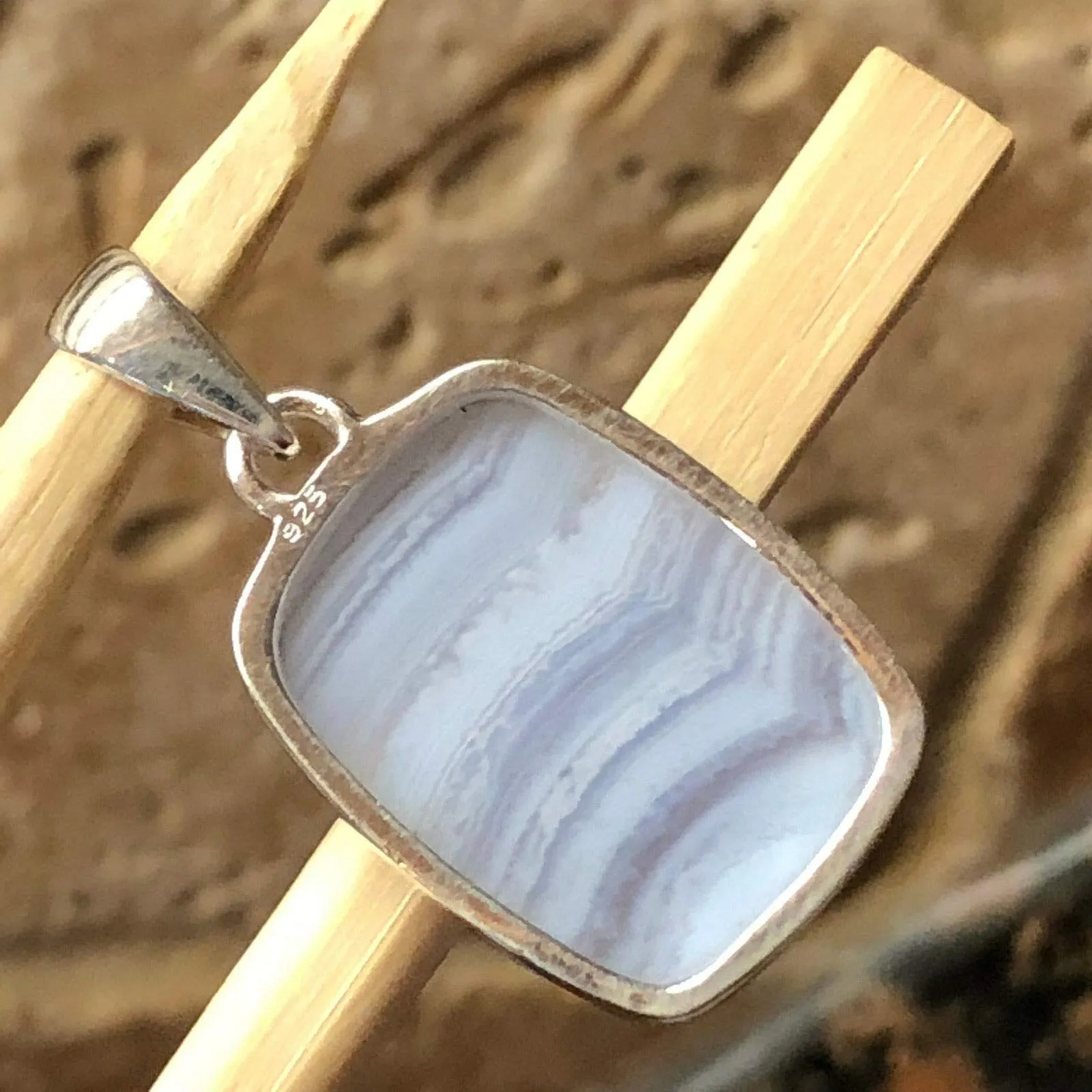 Natural Blue Lace Agate 925 Sterling Silver Pendant 35mm