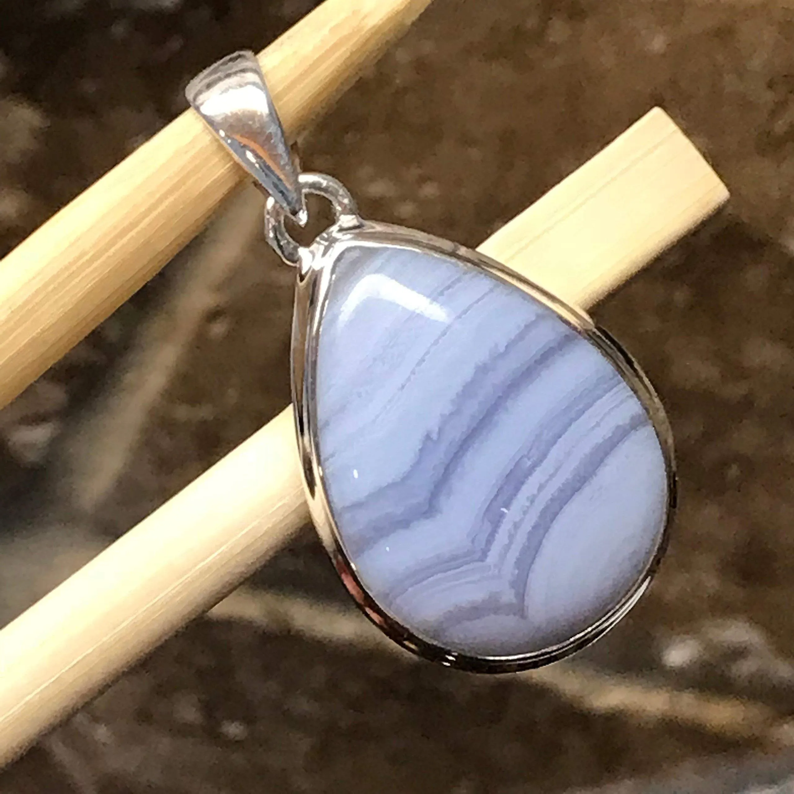Natural Blue Lace Agate 925 Sterling Silver Pendant 35mm