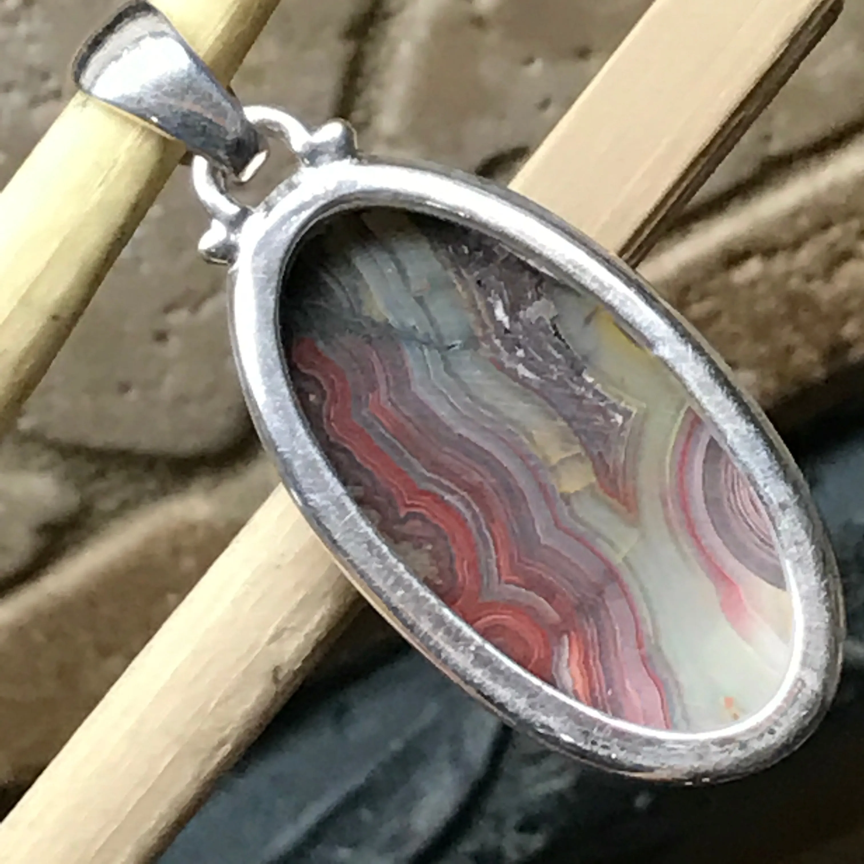 Natural Laguna Lace agate 925 Solid Sterling Silver Pendant 40mm