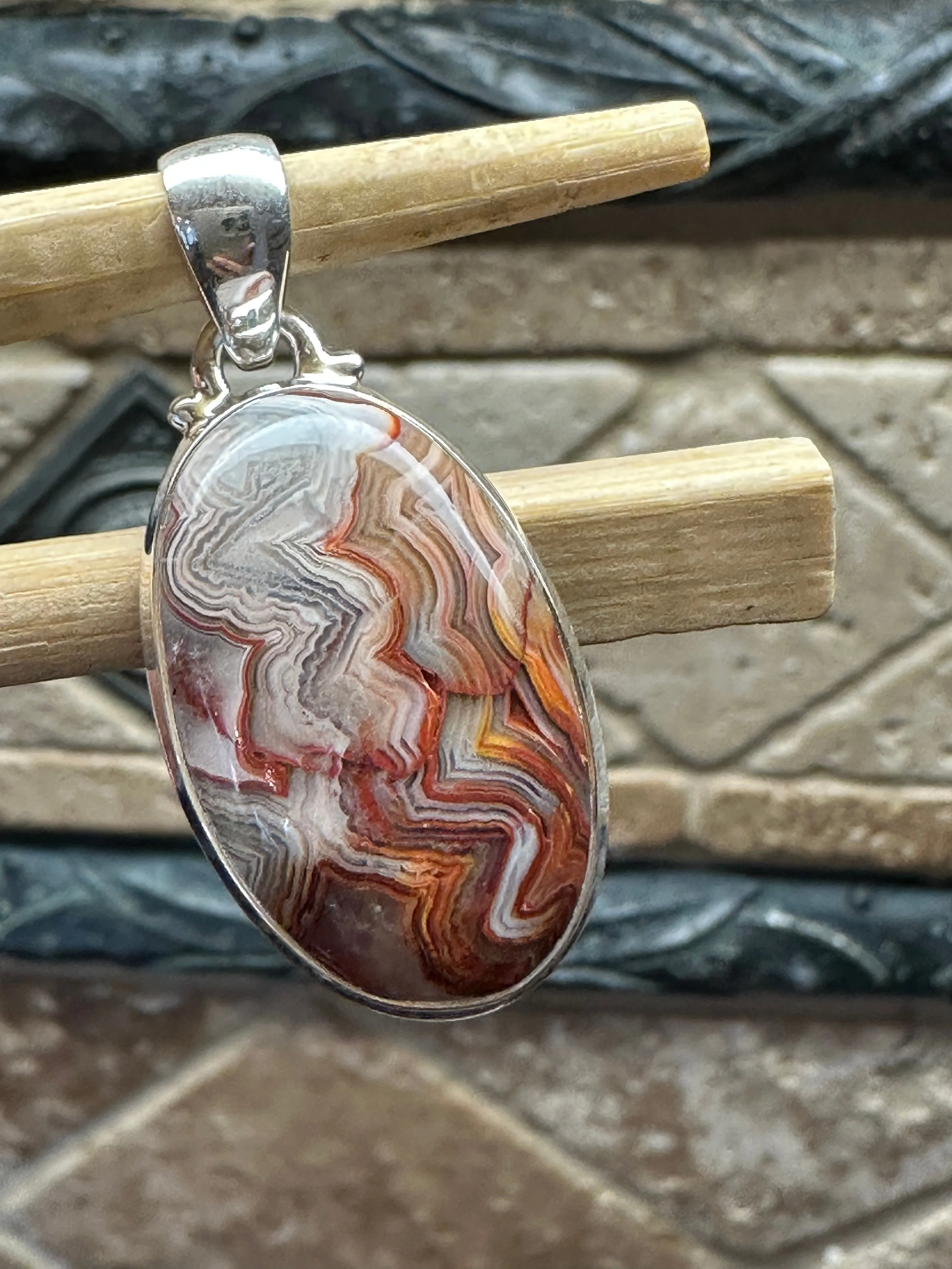 Natural Laguna Lace agate 925 Solid Sterling Silver Pendant 40mm