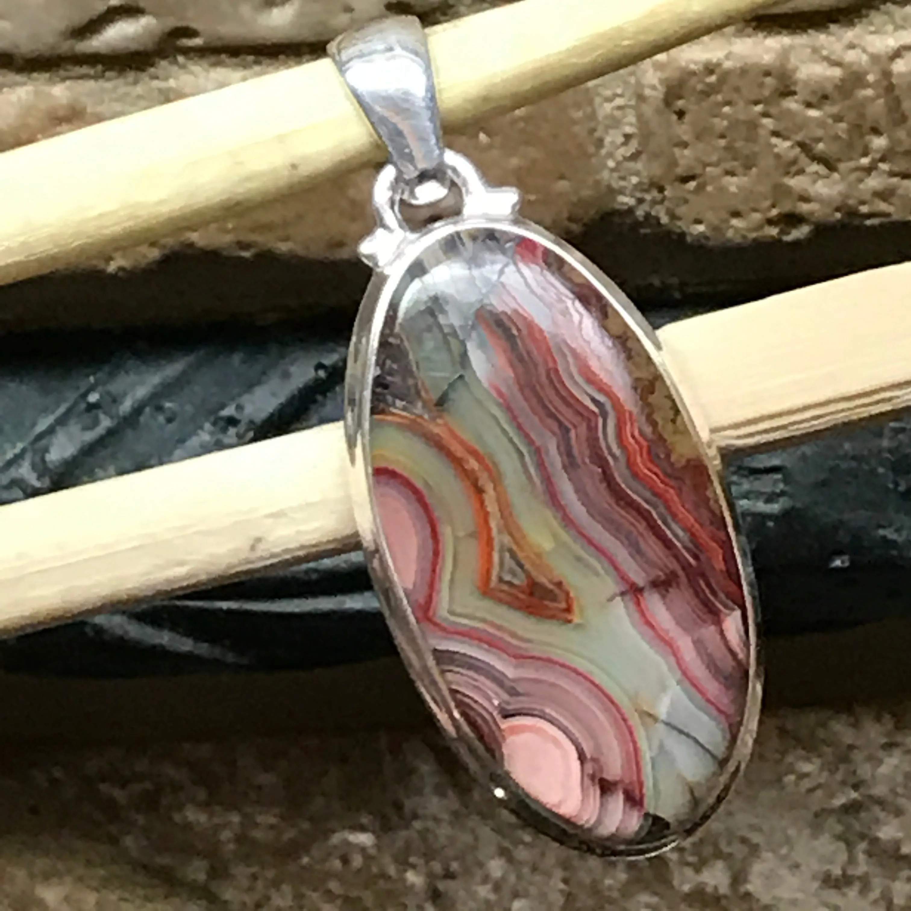 Natural Laguna Lace agate 925 Solid Sterling Silver Pendant 40mm