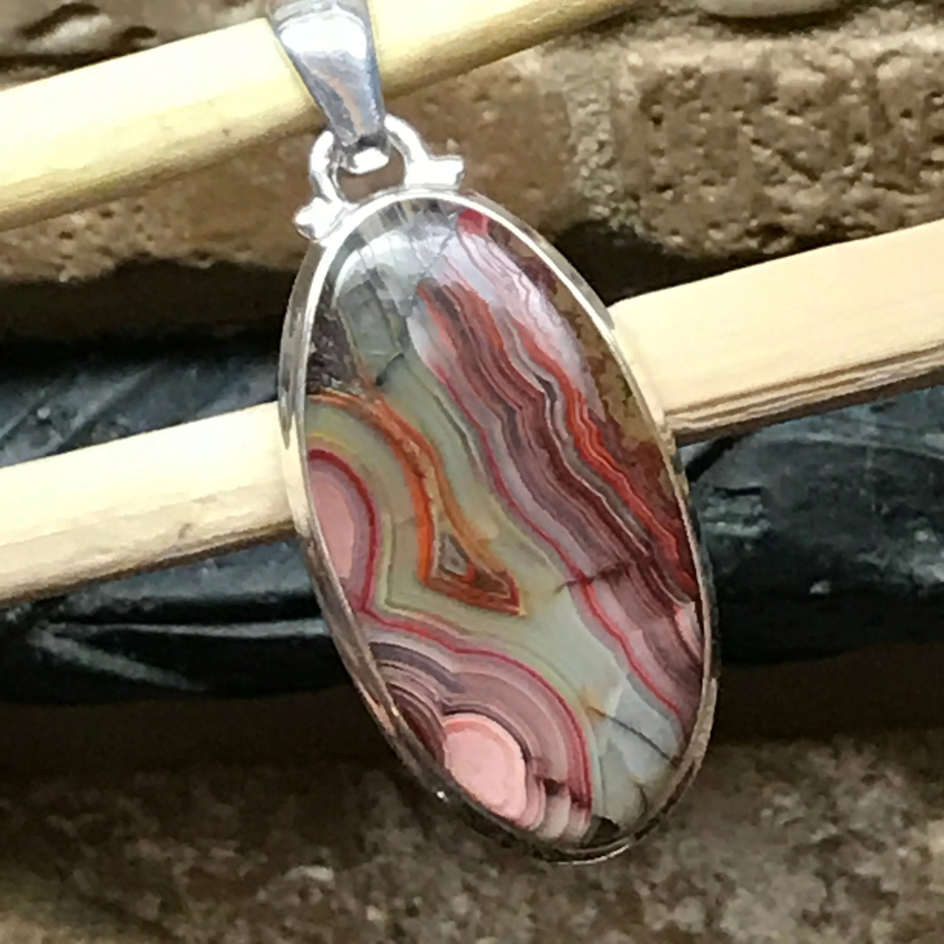 Natural Laguna Lace agate 925 Solid Sterling Silver Pendant 40mm