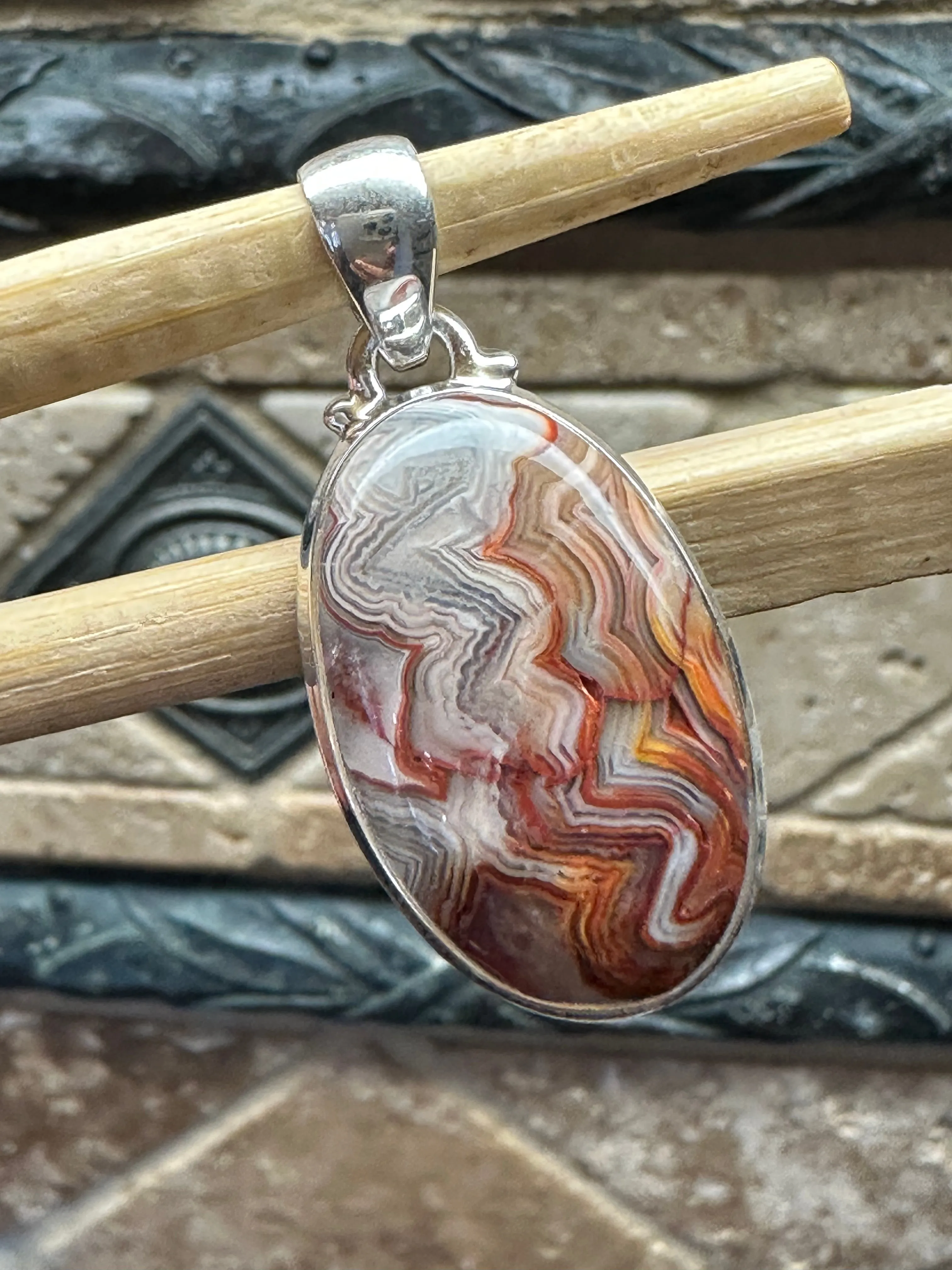 Natural Laguna Lace agate 925 Solid Sterling Silver Pendant 40mm