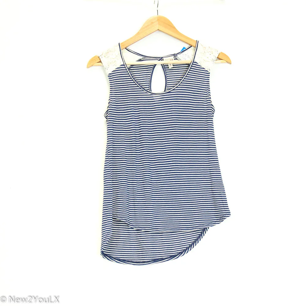 Navy/White Lace Detail Striped Blouse (Mudd)