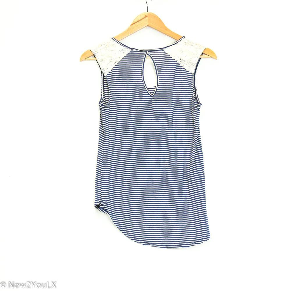 Navy/White Lace Detail Striped Blouse (Mudd)