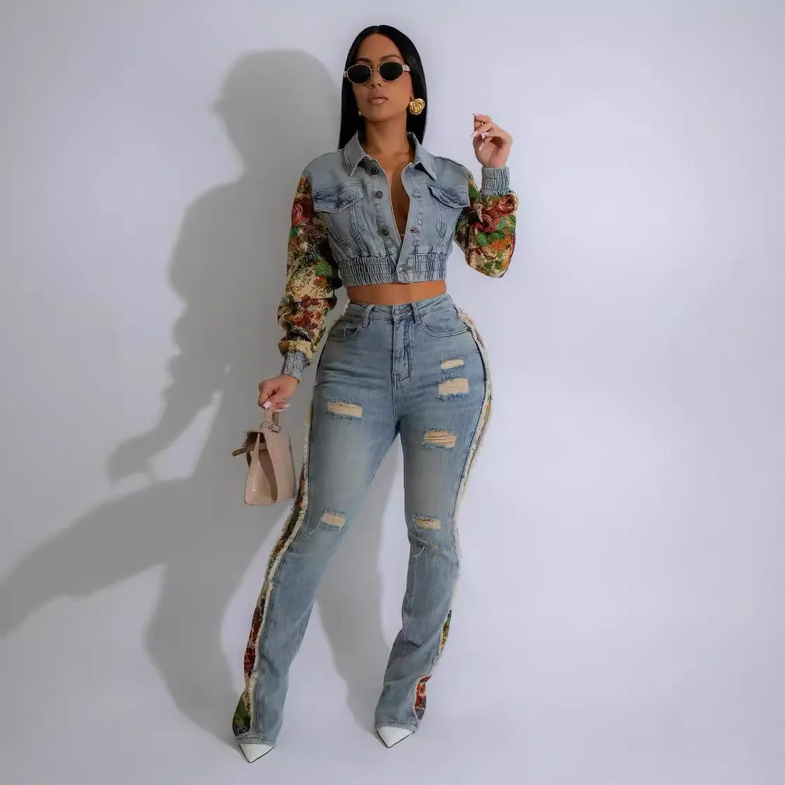 New Retro Jeans Women's Stitching Fashion Side Lace Suit