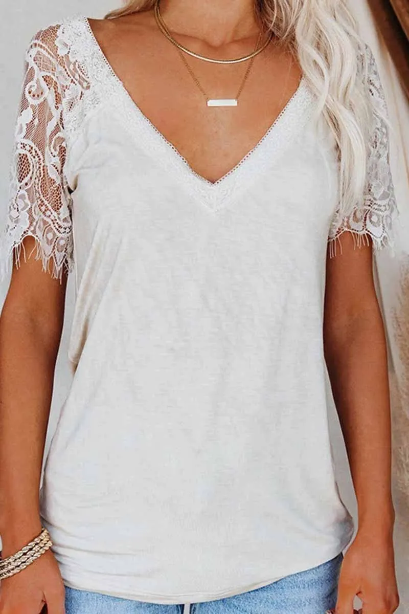 New Women's Lace Short Sleeve V-Neck Tops(3 Colors)