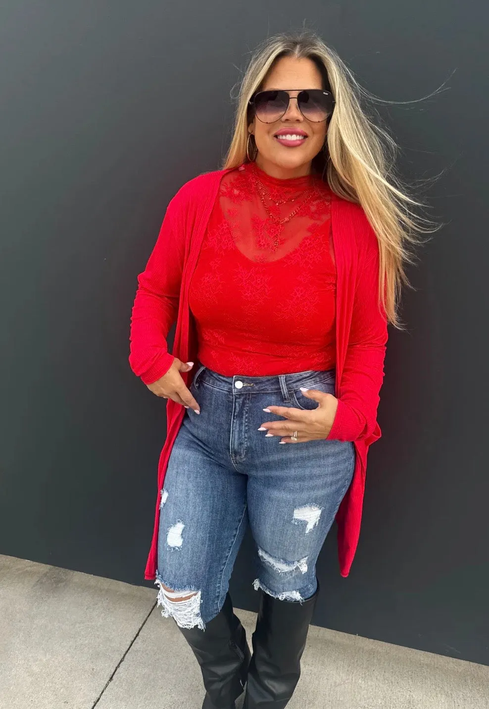 Red Lace Long Sleeve Top
