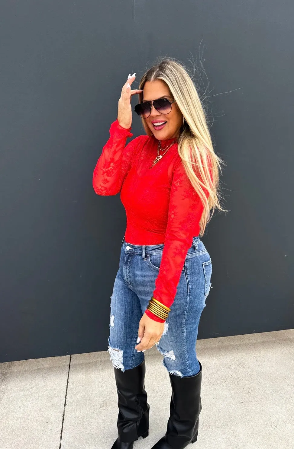 Red Lace Long Sleeve Top