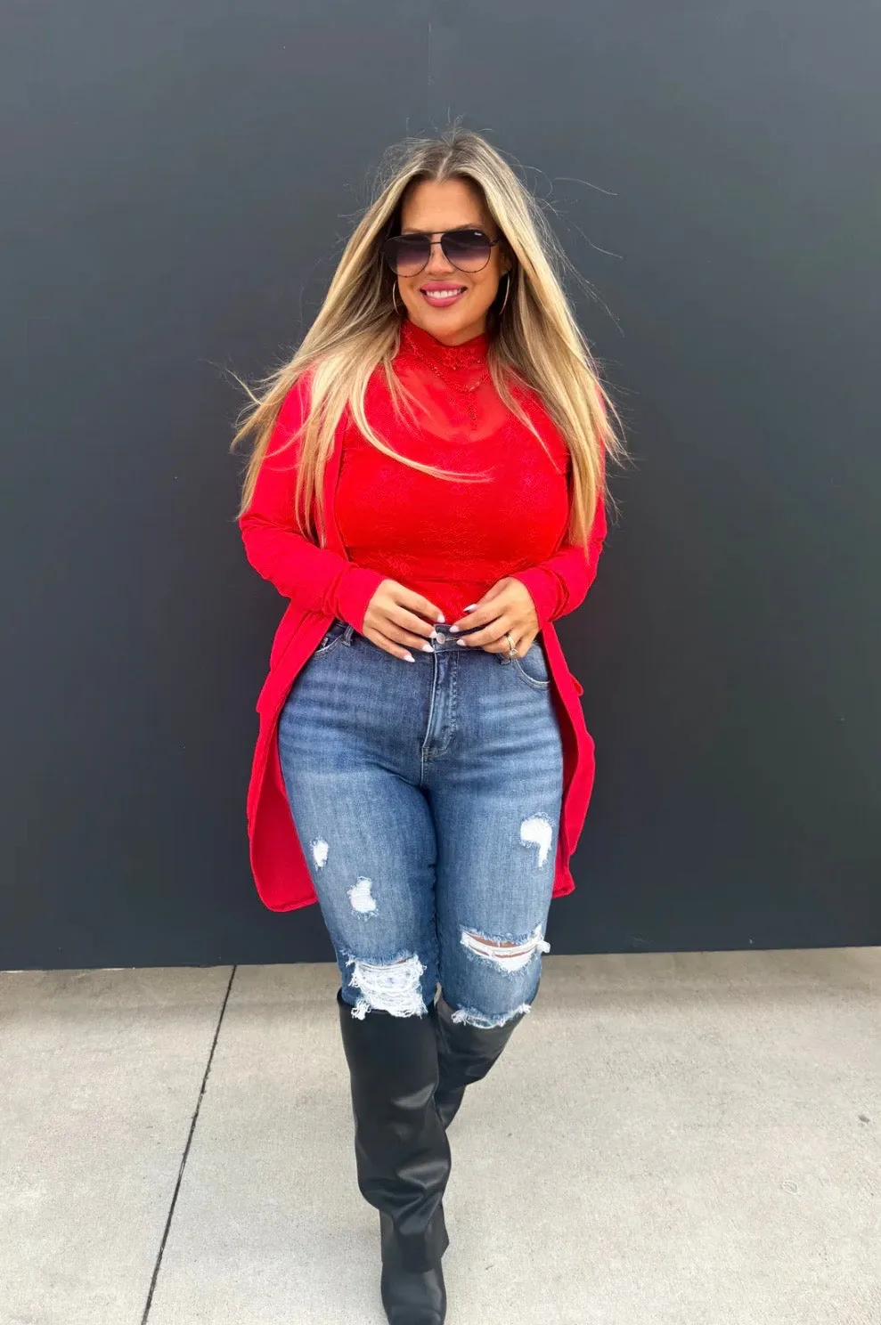 Red Lace Long Sleeve Top