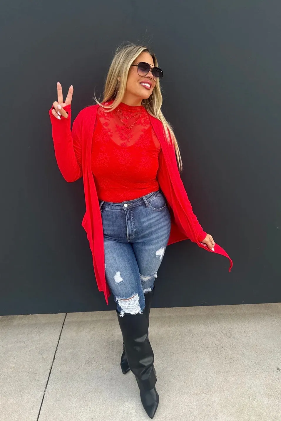 Red Lace Long Sleeve Top