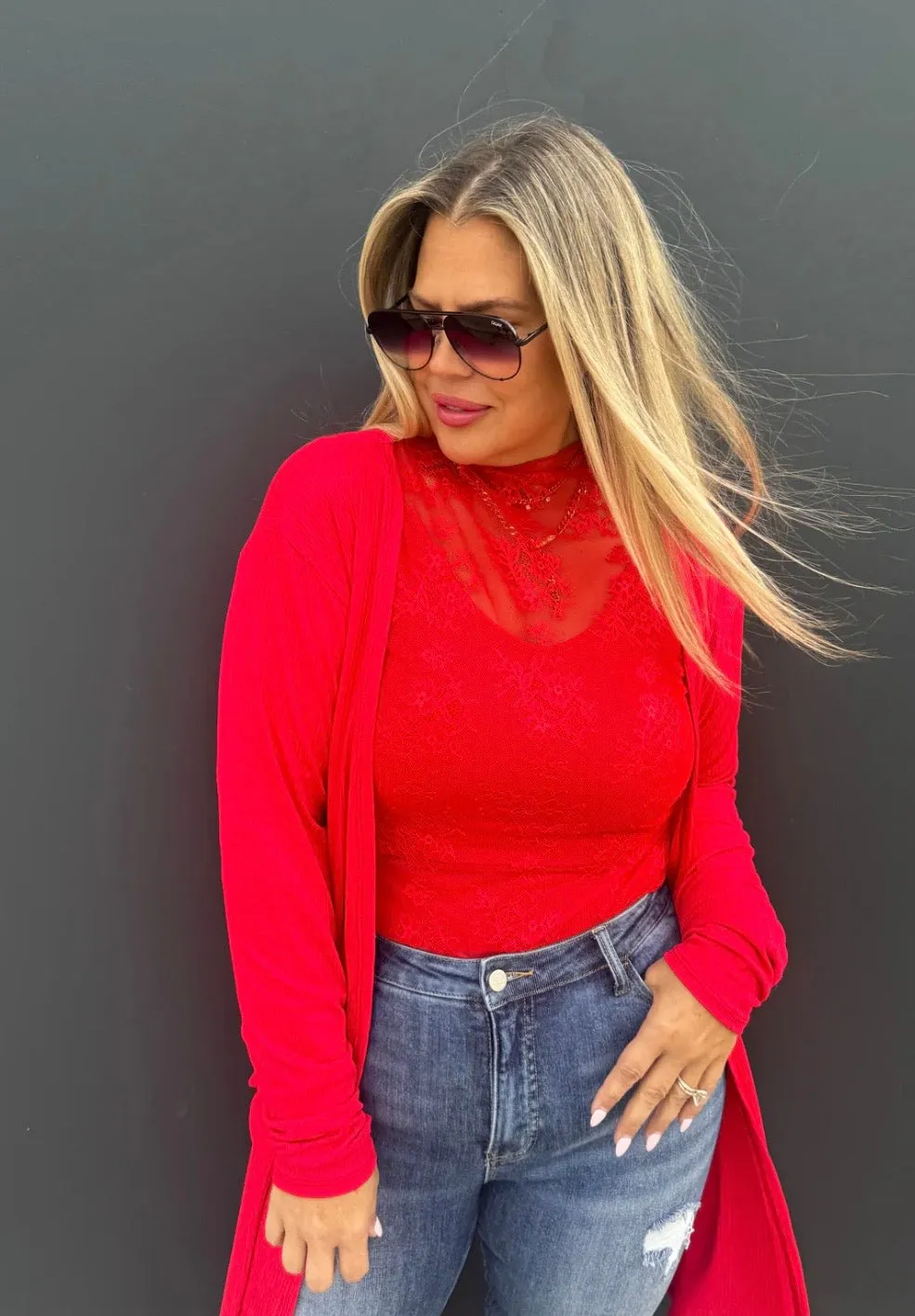 Red Lace Long Sleeve Top