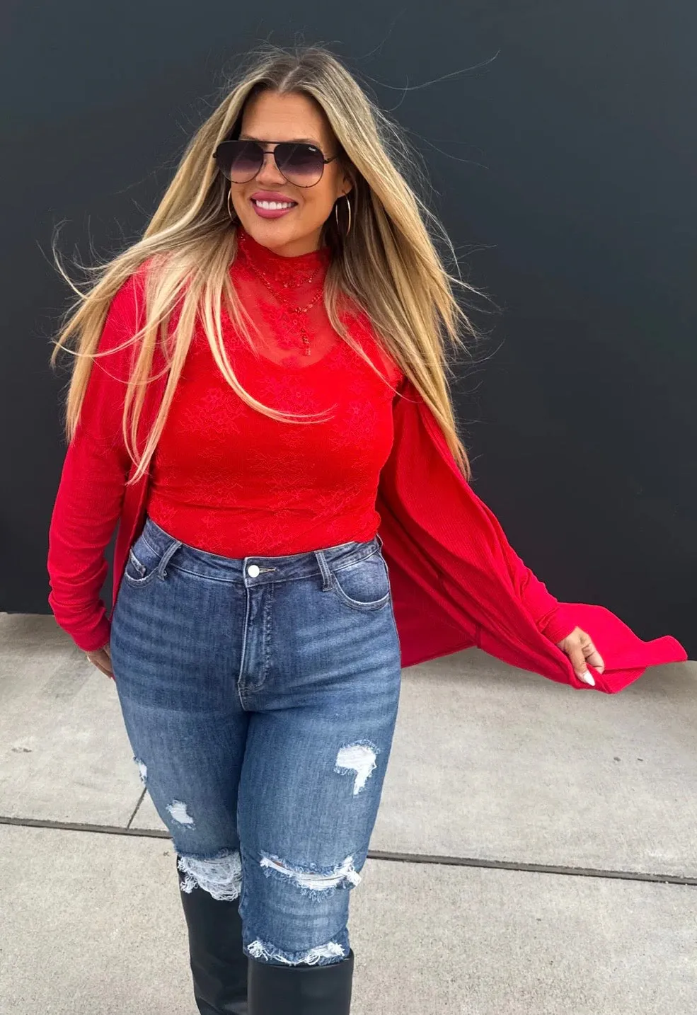 Red Lace Long Sleeve Top