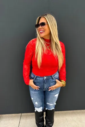 Red Lace Long Sleeve Top