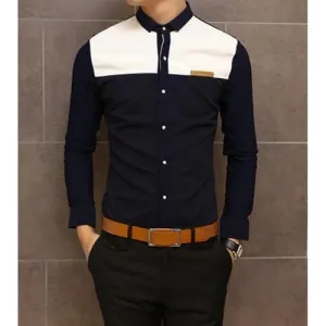 Slimming Trendy Shirt Collar Color Block Splicing Labeling Long Sleeve Cotton Shirt For Men - Navy M