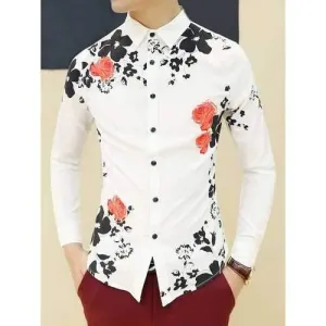 Stylish Shirt Collar Slimming Color Block Flower Print Long Sleeve Cotton Blend Shirt For Men - White M