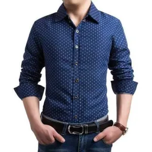 Stylish Shirt Collar Tiny Mushroom Print Slimming Long Sleeve Cotton Blend Shirt For Men - Cadetblue M