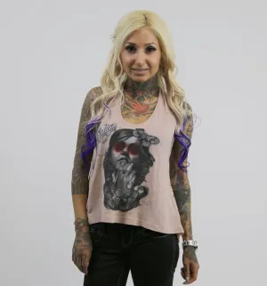 Sullen Angels PINK Moth Lady Slub Lace Back Tank Top with Sugar Skull Design