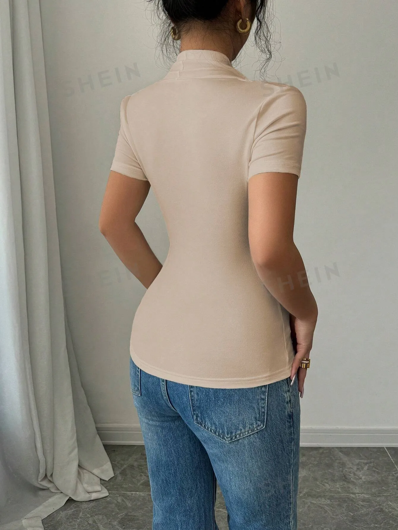 SXY Women's Ruched Bust Scoop Neck Fitted Short Sleeve T-Shirt