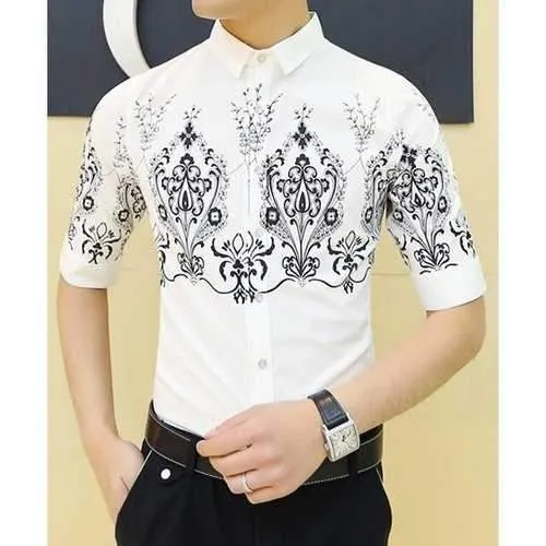 Trendy Shirt Collar Chic Ethnic Pattern Slimming 1/2 Sleeve Cotton Blend Shirt For Men - White L