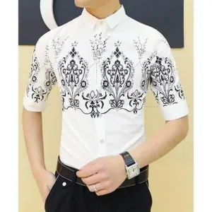 Trendy Shirt Collar Chic Ethnic Pattern Slimming 1/2 Sleeve Cotton Blend Shirt For Men - White L