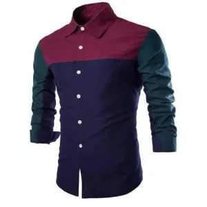 Trendy Shirt Collar Color Splicing Slimming Long Sleeve Cotton Blend Shirt For Men - Wine Red M
