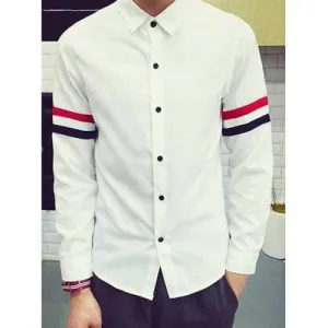 Trendy Shirt Collar Colorful Stripe Ribbon Slimming Long Sleeve Cotton Blend Casual Shirt For Men - White M