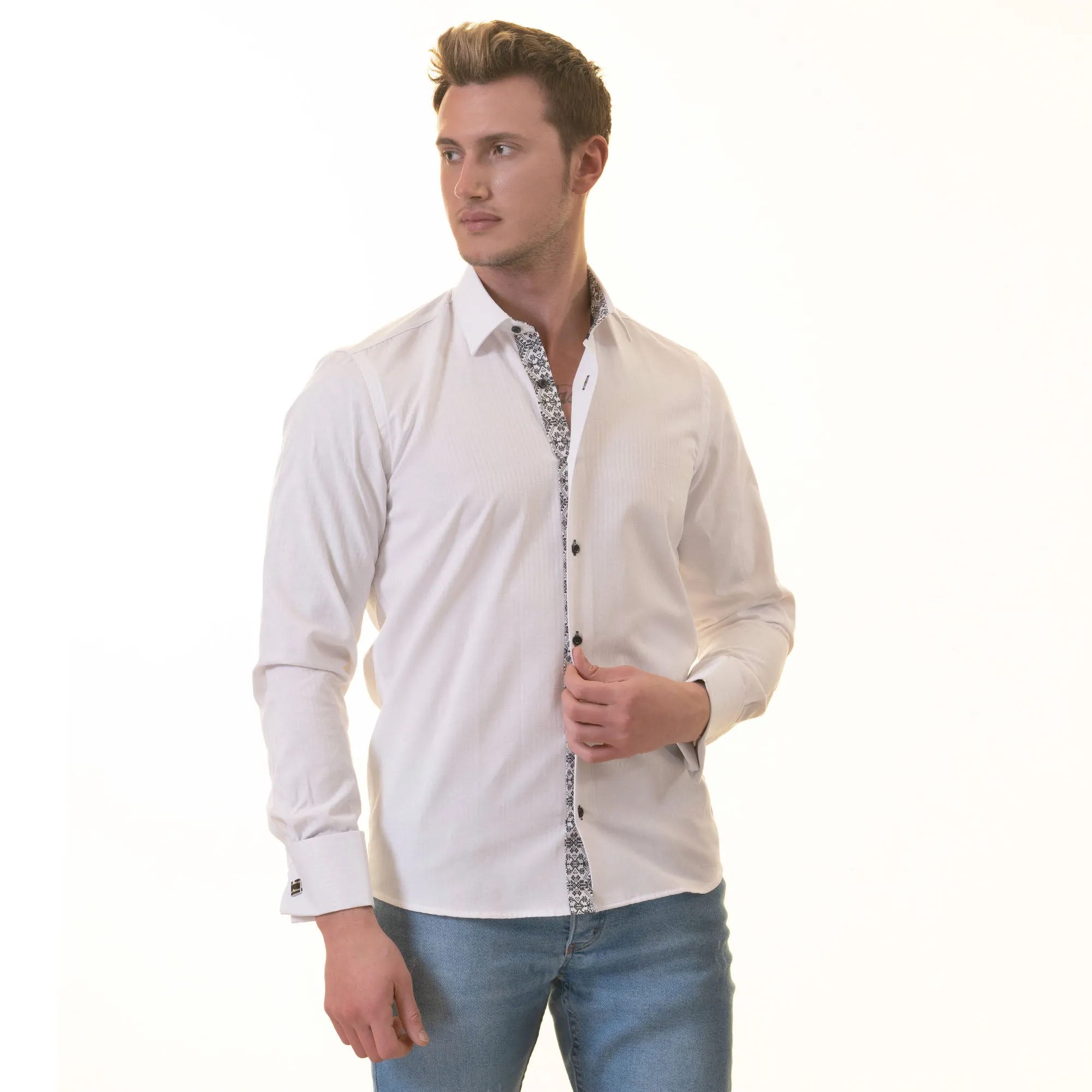 White inside Black Designer Double Cuff Shirt Mens Slim Fit Designer French Cuff Shirt - tailored Cotton Shirts for Work and Casual Wear