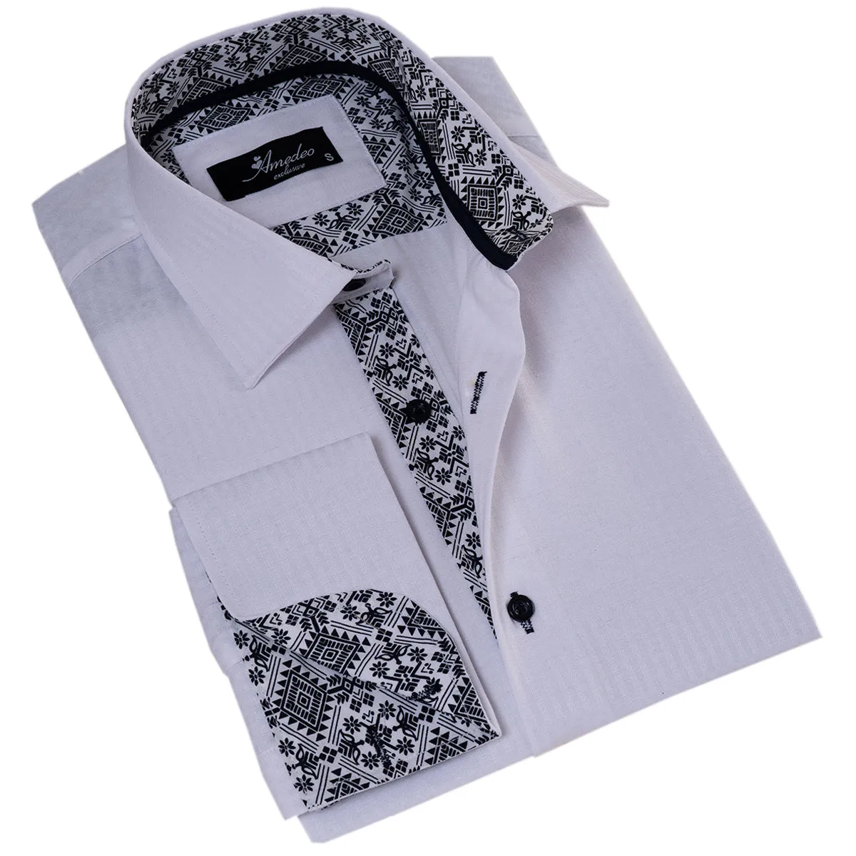White inside Black Designer Double Cuff Shirt Mens Slim Fit Designer French Cuff Shirt - tailored Cotton Shirts for Work and Casual Wear